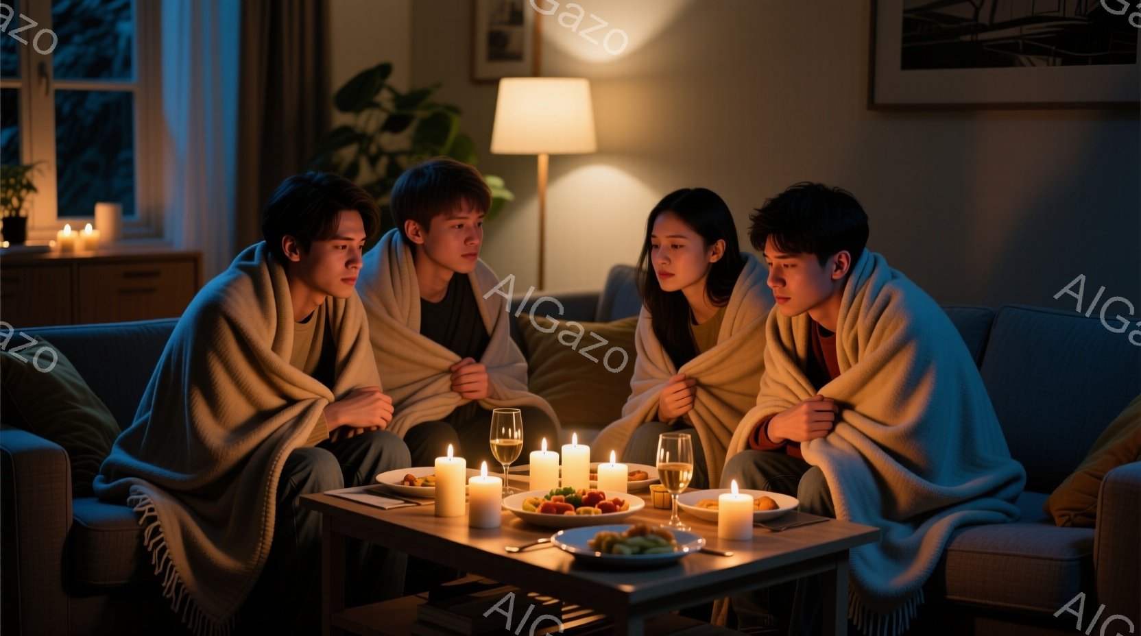 ソファに四人が並んで座っており、それぞれ肩に毛布をかけている。皆、何かの物語に集中しているようで、表情は真剣で少し緊張している。背景には薄暗い照明と窓から見える暗闇があり、暖炉のようにはっきりしない光 - AI生成フリー素材