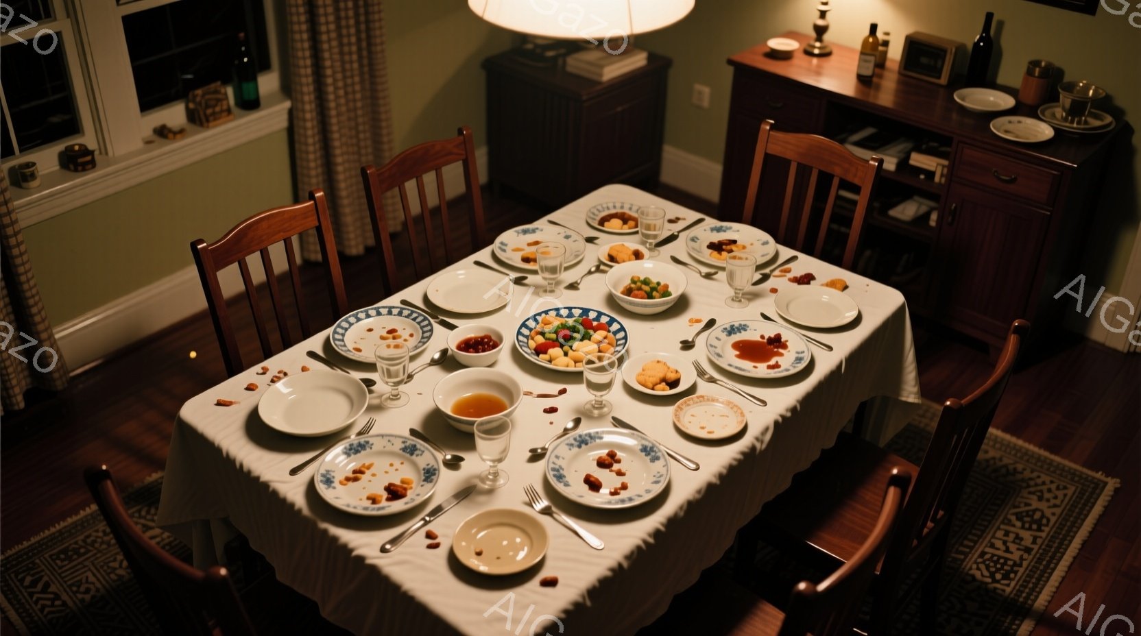 白いテーブルクロスが敷かれたダイニングテーブルには、様々な料理が並べられたお皿が置かれています。お皿には食べ残しがあり、食事が終わったばかりの様子が伺えます。背景には木製のキャビネットやカーペットが見え、落ち着いた雰囲気のダイニングルームです。