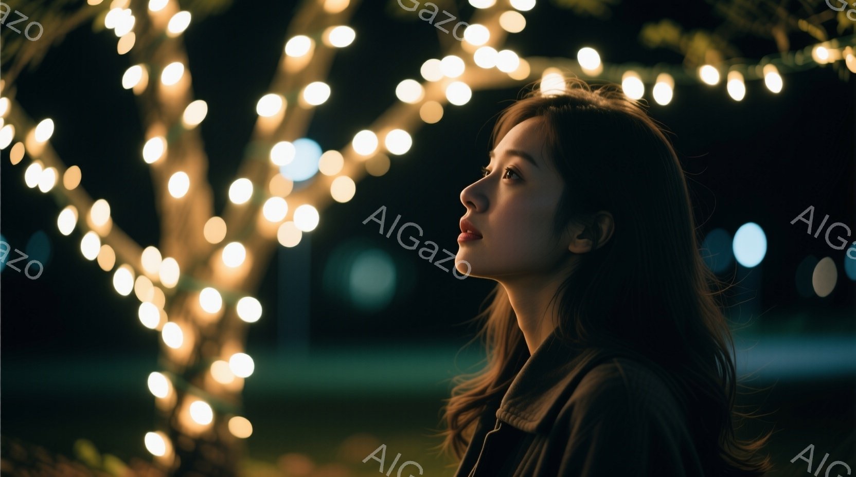 長い黒髪の女性が、夜の屋外でライトアップされた木々を見上げている。彼女は黒いジャケットを着ており、横顔は穏やかで少し物憂げな表情を浮かべている。背景は暗く、ぼやけた緑色の草地と、煌めく電球が連なった木々が幻想的な雰囲気を醸し出している。
