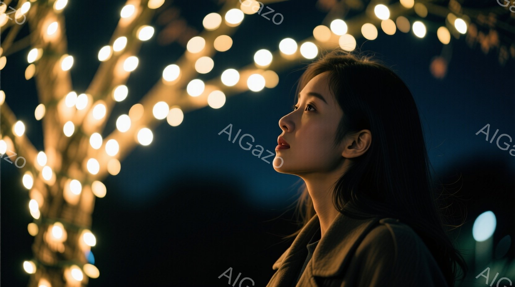 長い黒髪を肩から下で垂らし、ベージュ色のコートを着た女性が、少し上を見上げています。彼女の表情は穏やかで、どこか物思いにふけっているようです。背景には、ぼやけた暖かい光のイルミネーションが広がり、夜空 - AI生成フリー素材