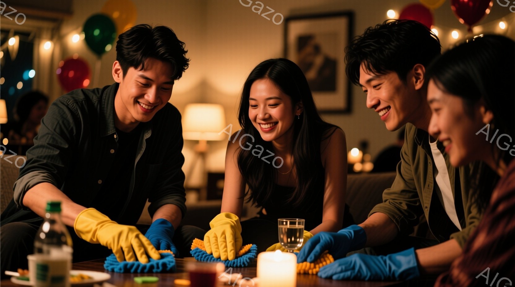 4人の若い男女がテーブルを囲み、掃除をしている様子が写っている。皆、ブルーまたはイエローのゴム手袋を着用し、笑顔で布巾を使ってテーブルを拭いている。背景には、ぼやけた部屋の様子や、いくつかのキャンドル、そしてカラフルな風船が見え、温かく、親密な雰囲気が漂っている。