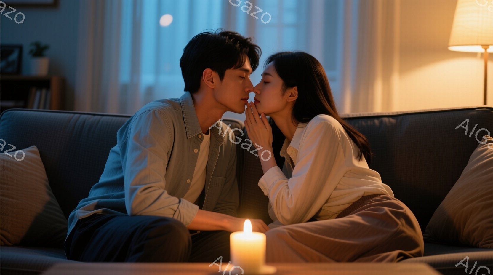 暖炉の光の中で、若い男女がソファに座り、親密にキスをしています。男性はシャツを着用し、ダークヘアで整髪されています。女性は淡い色のトップスを着ており、長いダークヘアを背中に流しています。