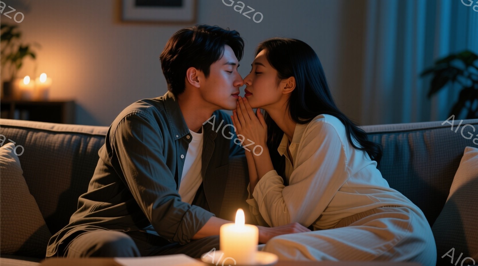 若い男女がソファに座り、キスをしようとしています。男性は白いTシャツに緑色のシャツを着ており、女性は白いワンピースを着て、長い黒髪をしています。背景にはキャンドルが灯り、暖かくロマンチックな雰囲気を醸 - AI生成フリー素材
