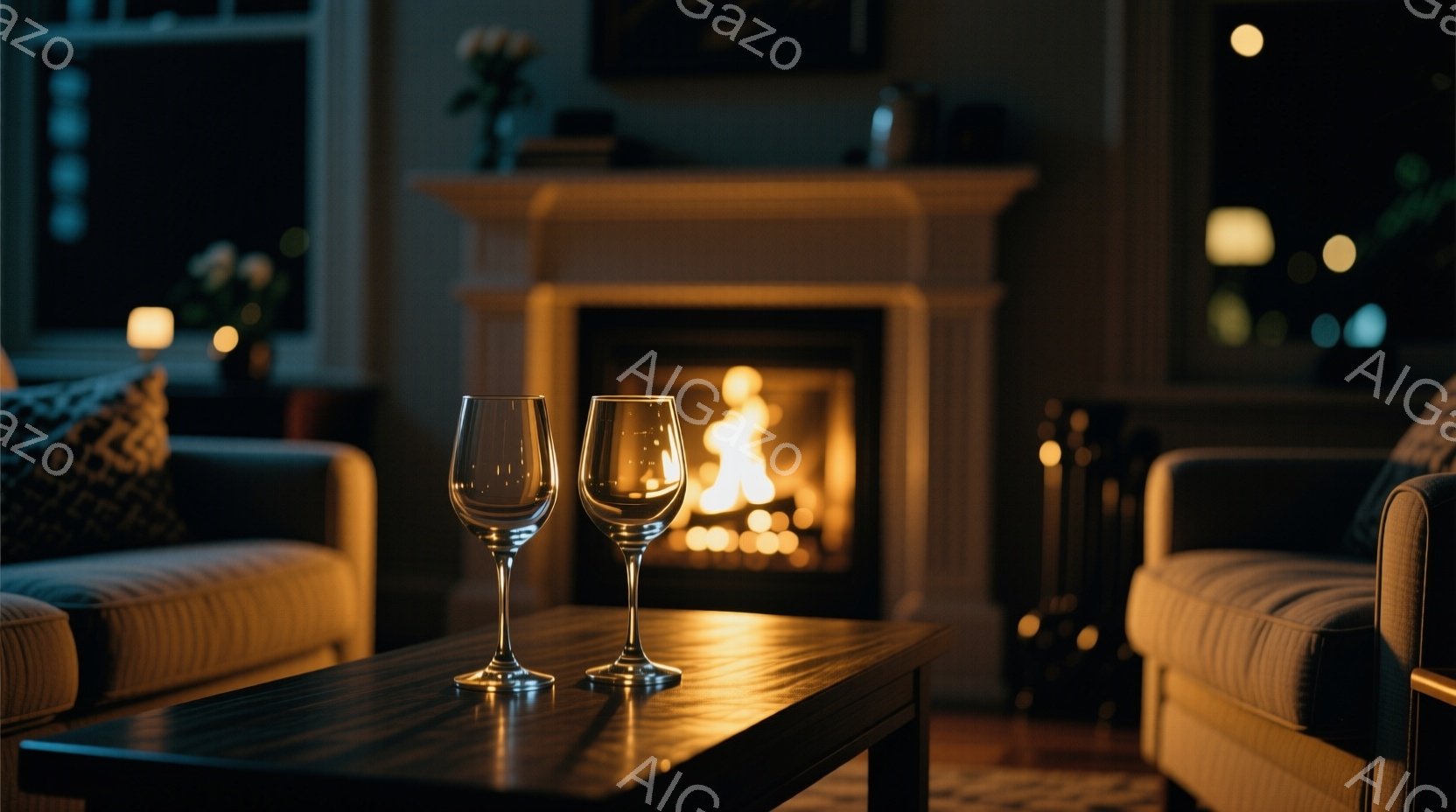 温かい光に照らされたリビングルームには、木製のコーヒーテーブルの上にワイングラスが二つ置かれています。暖炉の炎が心地よい光を放ち、部屋全体を照らしています。ソファと暗い背景が、落ち着いた雰囲気を作り出 - AI生成フリー素材