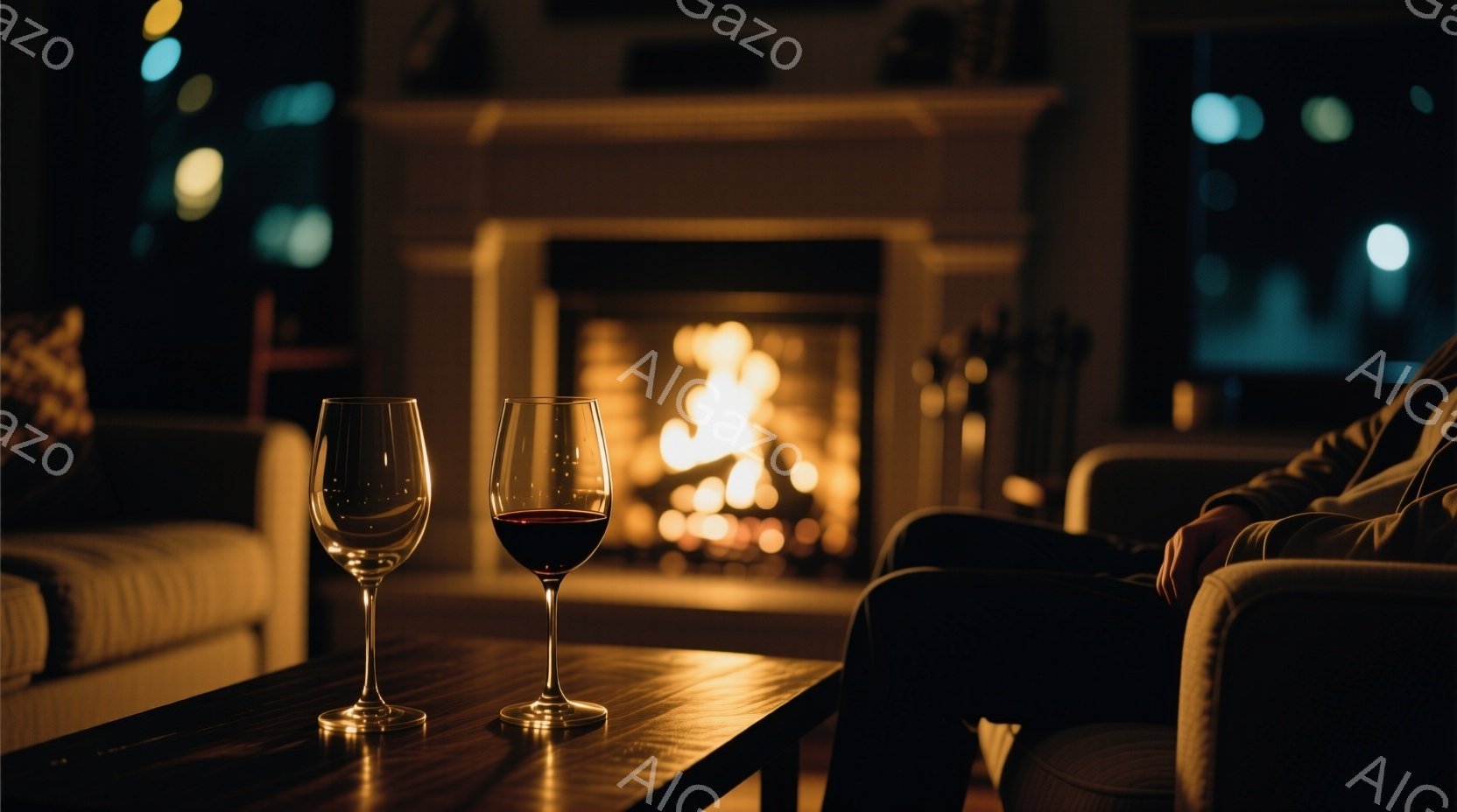 赤ワインが2グラス、木のテーブルの上に置かれ、暖炉の炎がぼんやりと背景に映っています。ソファに座っている人物の脚が一部見え、リラックスした雰囲気を醸し出しています。暖炉の光とワイングラスの反射が、温か - AI生成フリー素材