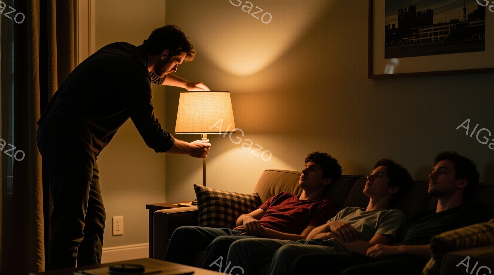 部屋の中にいる男性３人が写っている。立っている男性は黒いシャツを着ており、テーブルの上のランプのシェードを調整している。ソファに座っている２人はカジュアルな服装で、リラックスした様子でこちらを見ている。