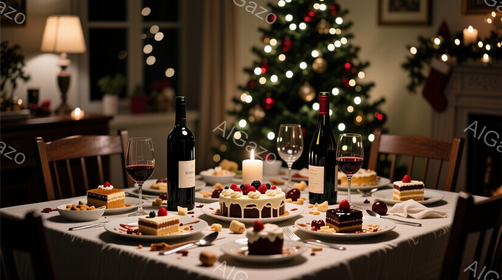 クリスマスを祝う食卓が映っている。テーブルにはワイングラスとワインボトル、そして様々なデザートが並べられており、キャンドルの光が暖かく照らしている。背景にはクリスマスツリーが飾られ、暖炉とソックスが視 - AI生成フリー素材