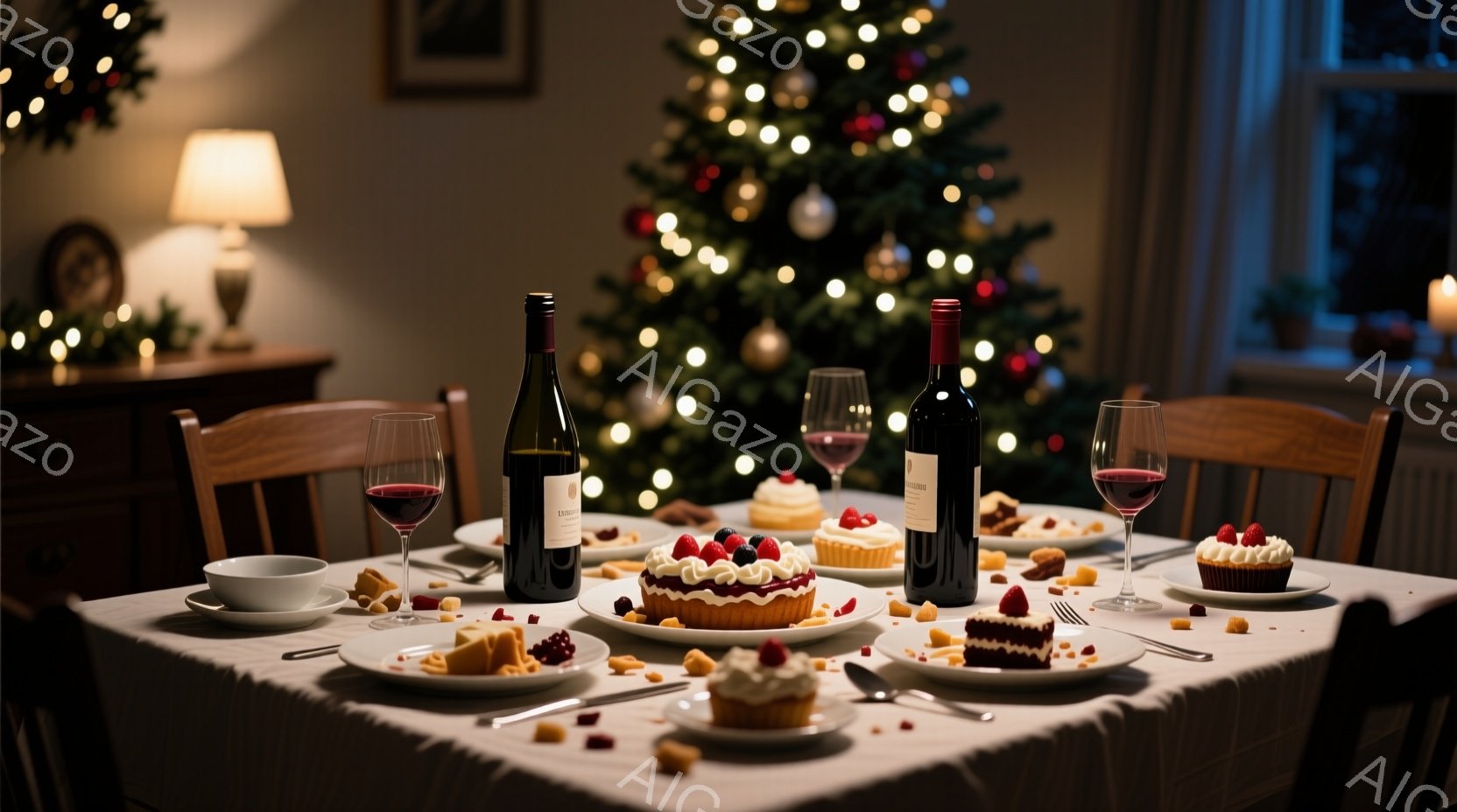 クリスマスツリーが背景に見えるダイニングテーブルには、ワインボトル、ワイングラス、ケーキ、焼き菓子が並べられています。テーブルクロスは白く、暖かく、お祝いの雰囲気が漂っています。全体的に、落ち着いた色 - AI生成フリー素材