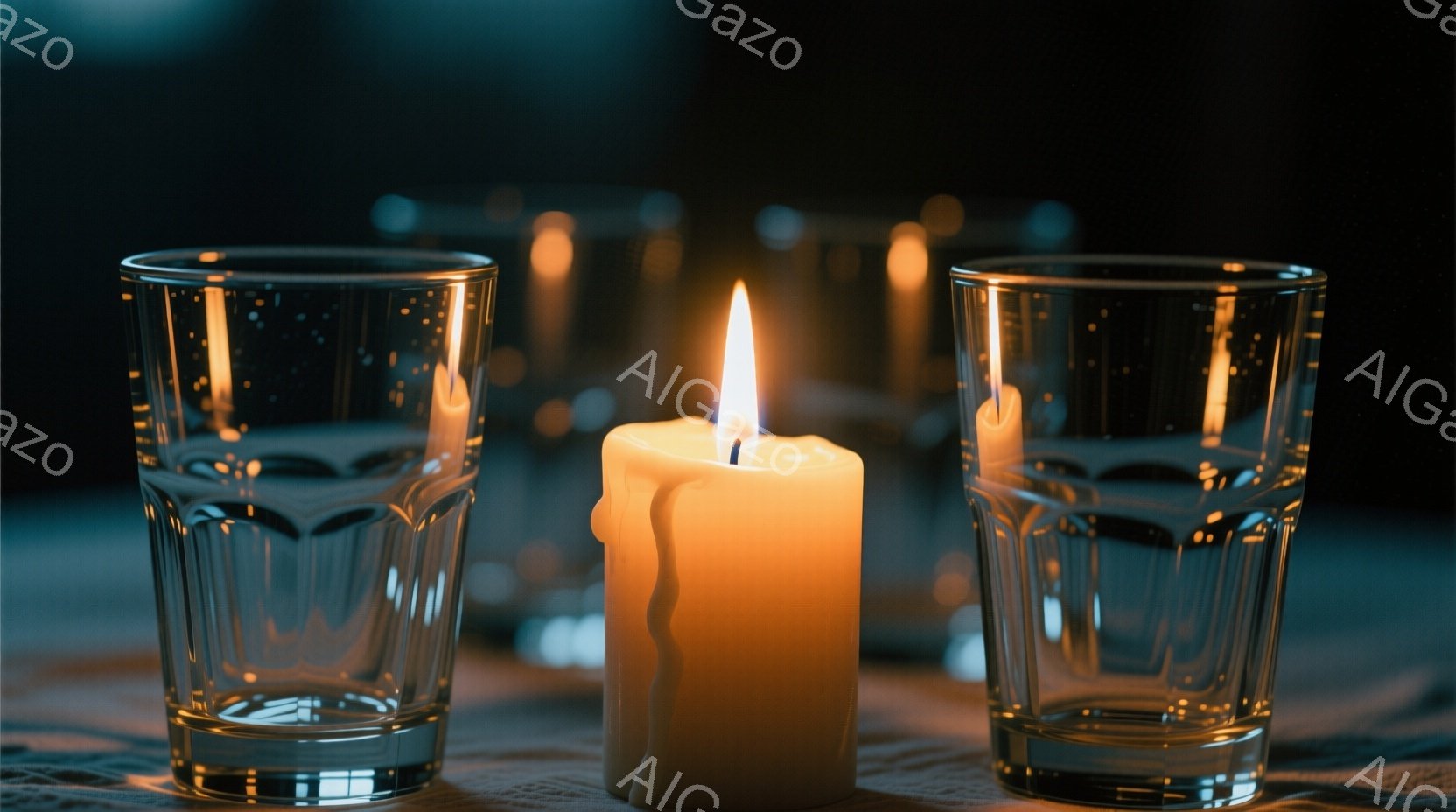 ろうそくが中央に置かれ、炎が明るく輝いている。左右には水が入ったグラスが配置され、ろうそくの光を反射して微かに光っている。全体的に暗い背景で、静かで落ち着いた雰囲気を醸し出している。