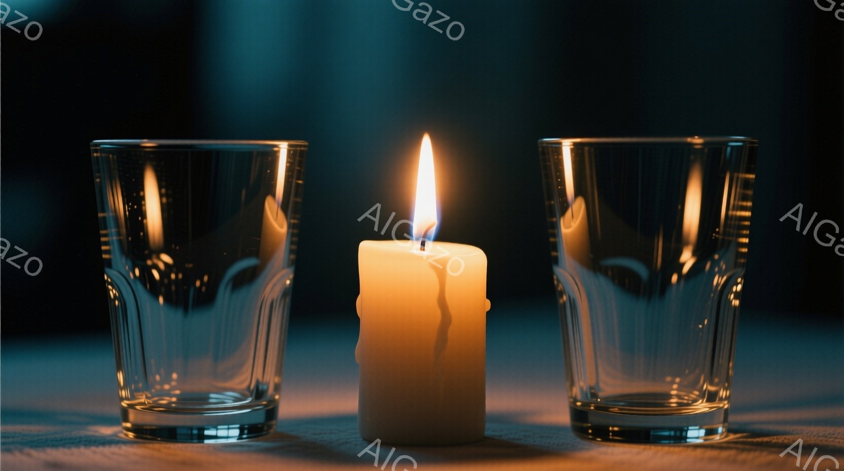 ろうそくが二つのグラスに挟まれて点灯している様子が捉えられています。ろうそくの炎は明るく輝き、周囲のグラスを照らし出しており、背景は暗く、ややぼやけています。 全体として、静かで落ち着いた雰囲気であり、暖かく穏やかな光が印象的です。