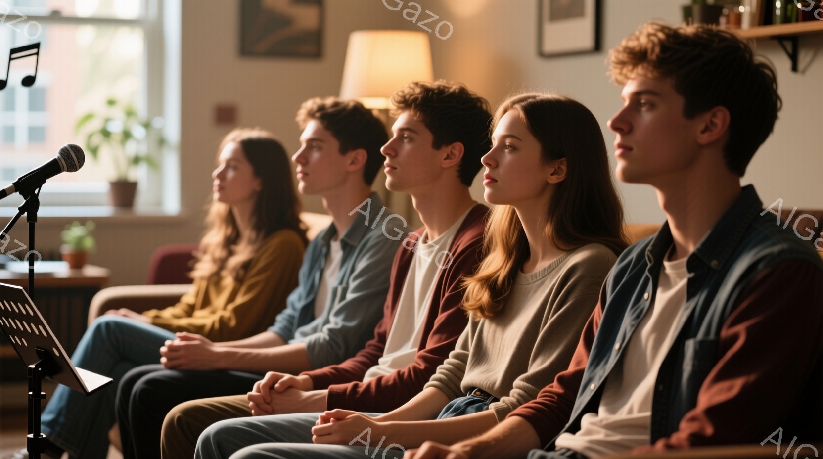 4人の若い男女が、落ち着いた雰囲気の部屋に並んで座っている。全員が前方を向き、真剣な表情で何かを待っているか、集中している様子だ。彼らはカジュアルな服装で、それぞれ異なる髪型をしているが、リラックスしつつもどこか緊張感が漂う。