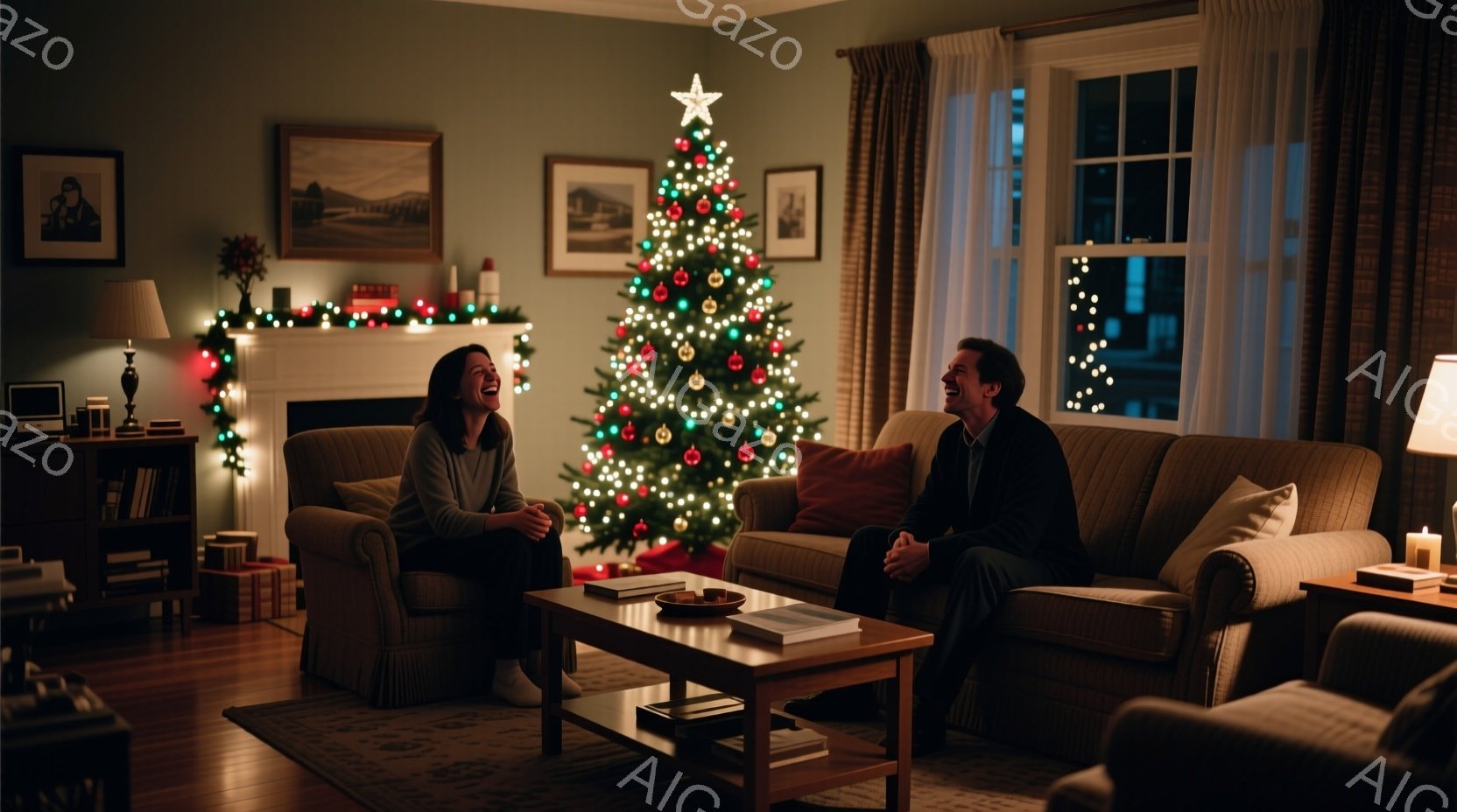 居間にはクリスマスツリーが飾られ、暖炉の上に飾りが並んでいます。若い女性はクリーム色のセーターを着て、リラックスして椅子に座り、笑顔を見せています。男性はダークグレーのセーターを着てソファーに座り、彼女の方を見て微笑んでいます。