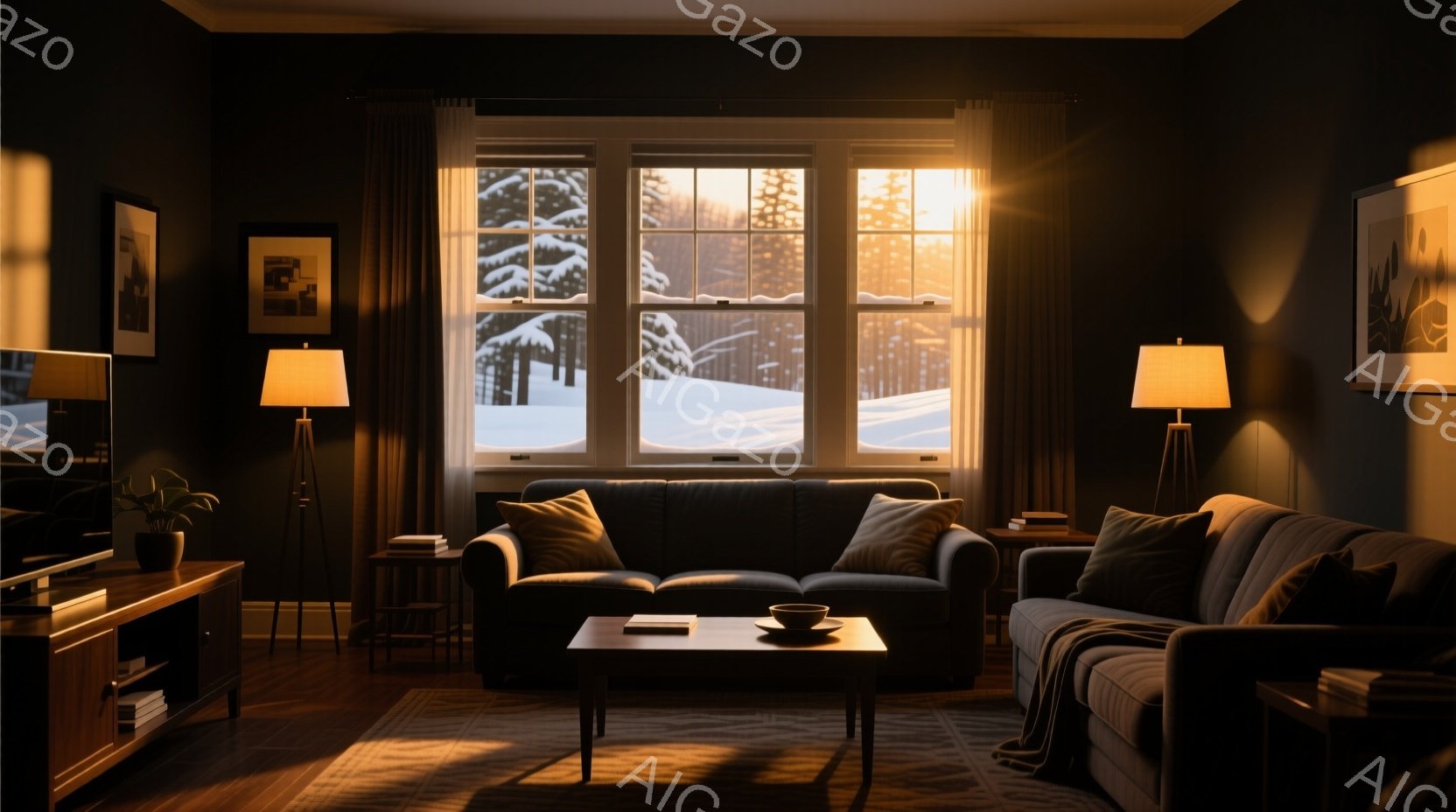落ち着いた紺色の壁に囲まれたリビングルームには、窓から差し込む夕日の光が雪景色を照らし出している。ダークグレーのソファと木製のローテーブルが配置され、温かい雰囲気を作り出している。ランプや本、そして窓の外の静寂な雪景色が、安らぎと穏やかな冬の時間を表現している。