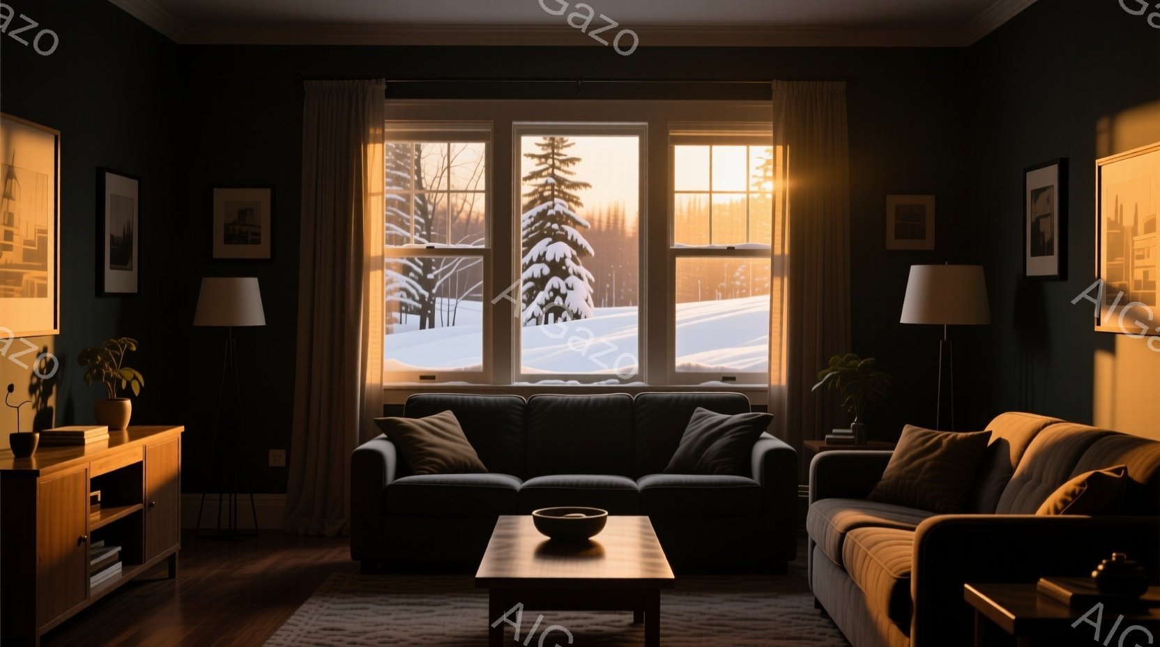 深緑色の壁に囲まれたリビングルームには、濃い灰色のソファと木製のコーヒーテーブルが置かれ、暖炉のような柔らかな光が差し込んでいる。窓の外には雪景色が広がり、針葉樹の森と夕焼けのオレンジ色が印象的だ。全体的に穏やかで落ち着いた、冬の静寂を感じさせる雰囲気である。