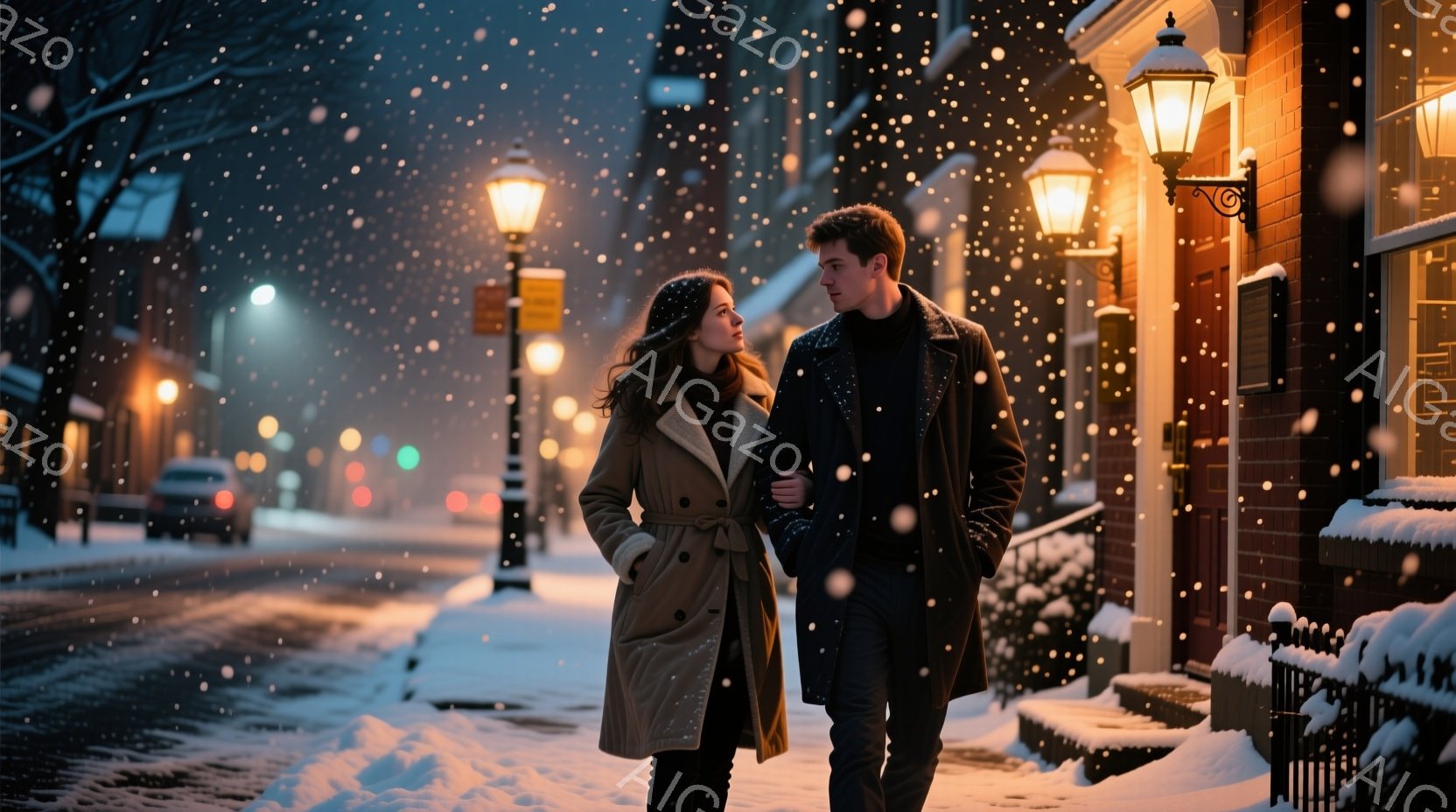雪が降る夜の街を、若い男女が寄り添いながら歩いている。女性はベージュ色のトレンチコート、男性は黒いコートを着ており、女性は髪をほどいて自然なウェーブを描いている。背景には、ライトアップされた建物と雪で - AI生成フリー素材