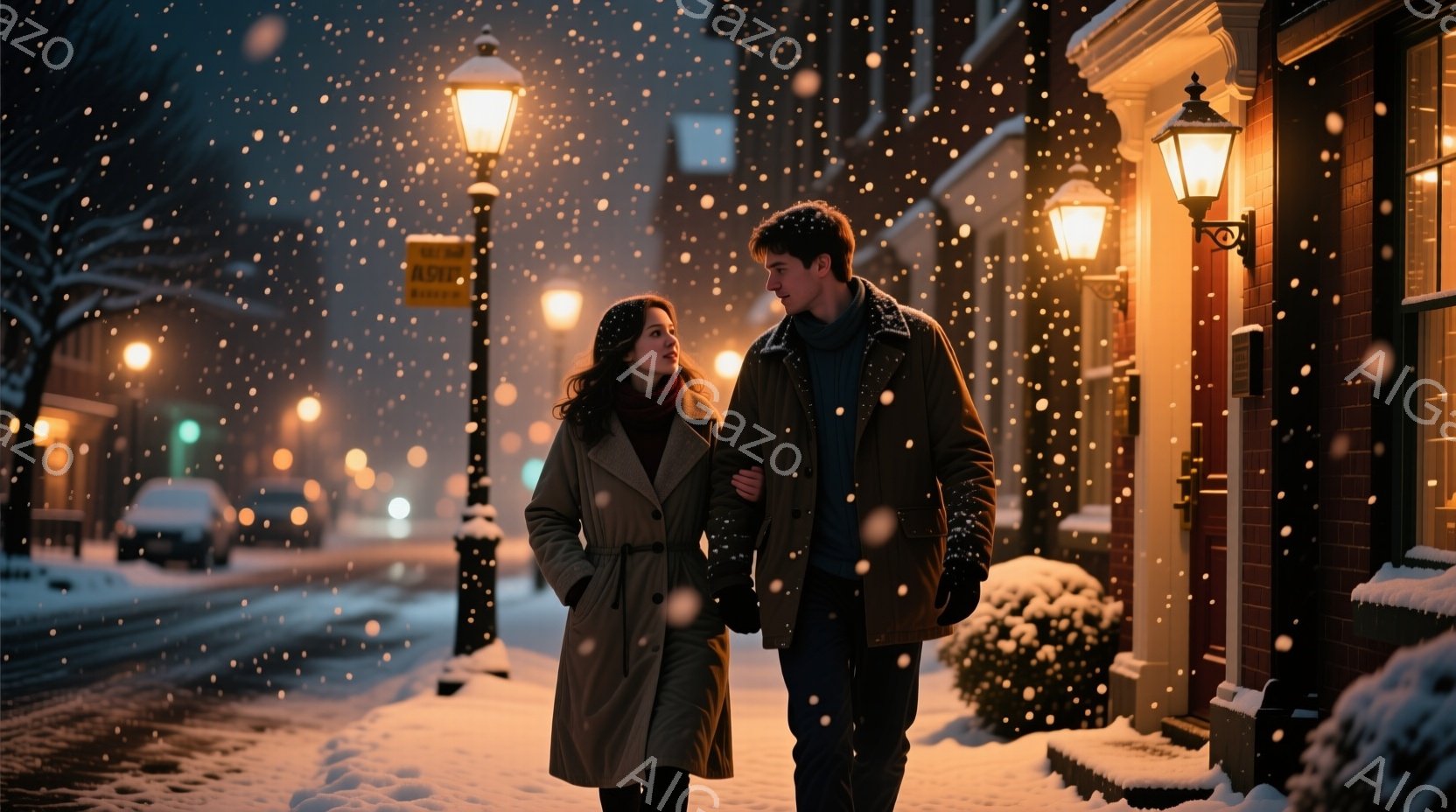 雪が降る夜の街を、コートを着た男女が寄り添って歩いている。女性は茶色の髪を肩まで垂らし、赤いマフラーを巻いて微笑んでいる。背景には雪で覆われた建物と、暖かく光る街灯が並び、ロマンチックで穏やかな雰囲気 - AI生成フリー素材