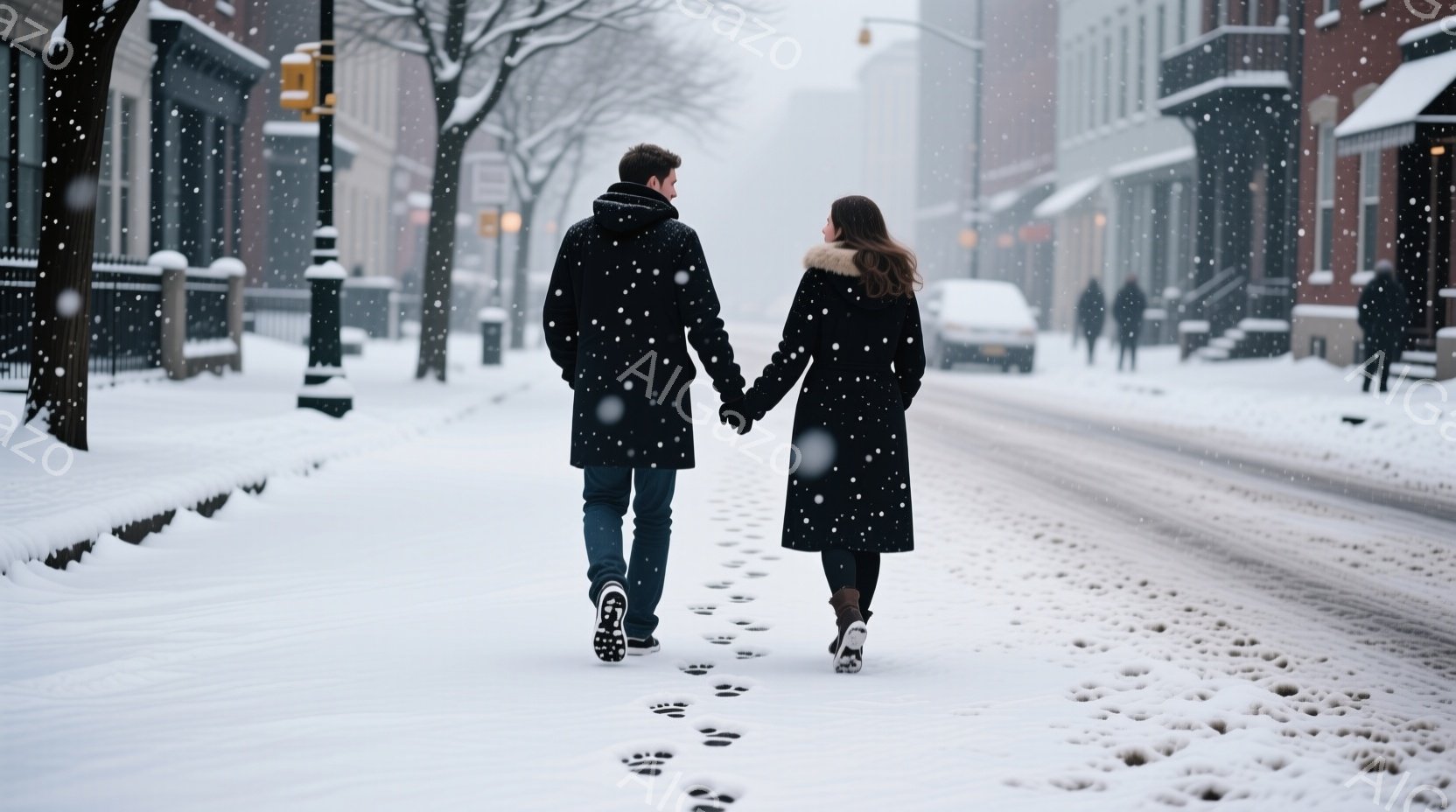 雪が降り積もる街並みを、黒いコートを着た男女が手をつないで歩いている。男性はダークヘアで、女性はロングヘアを後ろに垂らしている。背景にはレンガ造りの建物が並び、雪景色が広がっており、穏やかでロマンチックな雰囲気が漂っている。