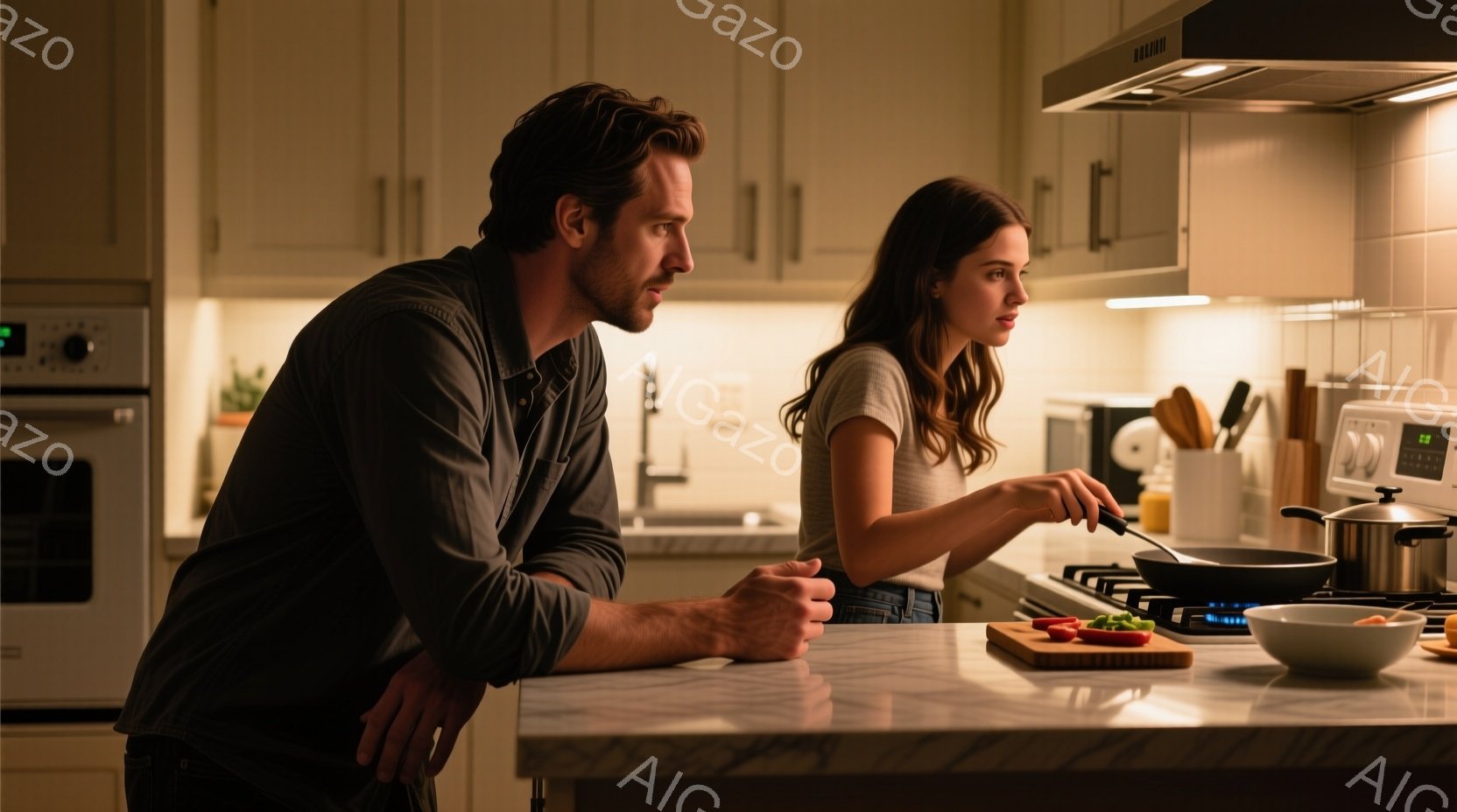 室内はキッチンで、一人の男性と女性が料理をしている様子が描かれている。男性は濃い色のシャツを着ており、カウンターに肘をついて何かを見つめている。女性は明るい色のトップスを着て、フライパンで料理をしており、集中した表情をしている。
