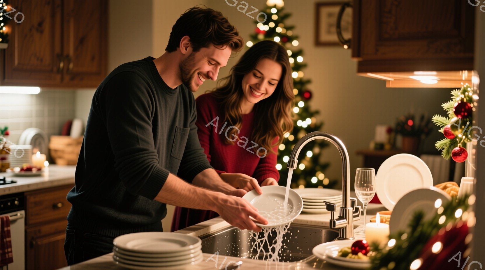 キッチンで洗い物をしている若い男女が写っている。男性は濃いグレーのセーターを着ており、少し無精毛の短髪で、笑顔を見せている。女性は赤いセーターを着ており、長い茶色の髪を肩から下ろしている。背景にはクリスマスツリーが飾られ、温かく、家庭的な雰囲気が漂っている。