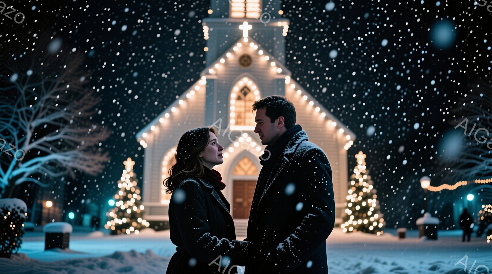 雪が降り積もる夜、男女が教会を背景に寄り添っている。女性は赤いスカーフを巻き、茶色のカールヘアが肩にかかっている。男性は黒いコートを着ており、女性を見つめており、暖かくロマンチックな雰囲気を醸し出している。