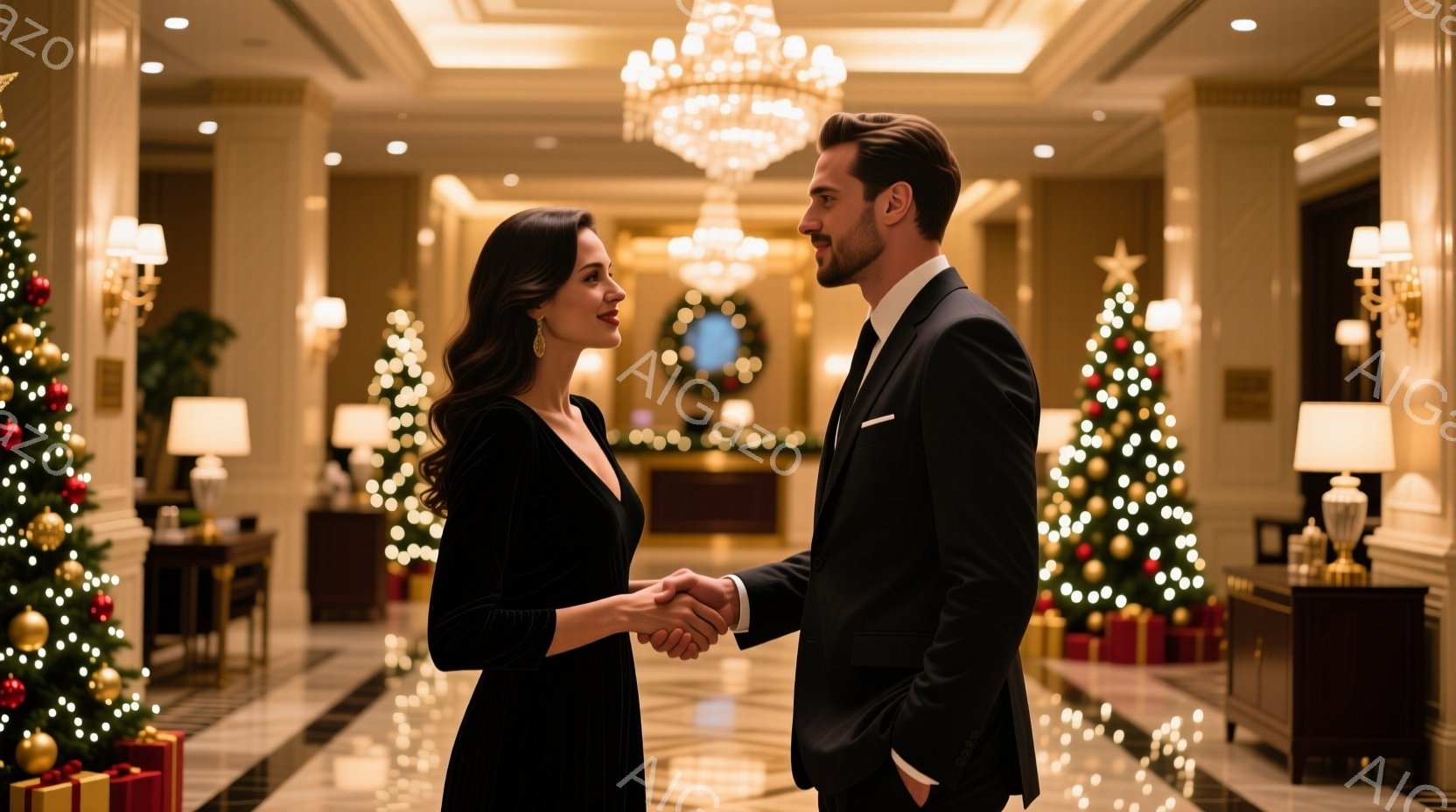 優雅なホテイルobbyで、黒いイブニングドレスを着た女性と黒いスーツを着た男性が握手しています。二人は正面を向き、少し微笑んでおり、フォーマルで洗練された印象を与えます。背景には、クリスマスツリーや装飾が飾られ、華やかで暖かい雰囲気を作り出しています。