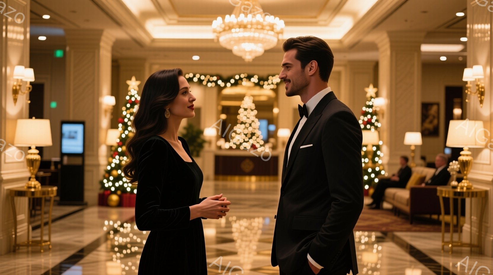長い髪を後ろにまとめた女性が、赤いドレスを着て正面を向いており、少し微笑んでいます。彼女の隣には、タキシードを着た男性がおり、彼女を見つめながら少し微笑んでいます。背景には、クリスマスツリーや装飾が施された華やかなホテルのロビーが広がり、暖かくロマンチックな雰囲気を醸し出しています。