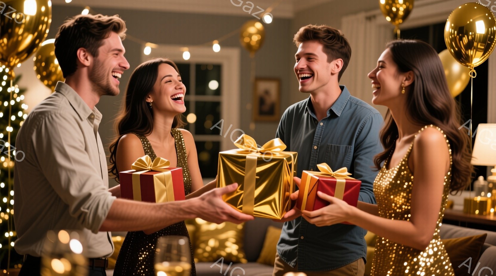 プレゼントを交換する若い男女のカップルが写っています。女性はキラキラした金のドレスを着ており、髪はゆるやかに巻かれています。男性はカジュアルなシャツを着ており、両者とも満面の笑みを浮かべ、喜びと興奮に満ちた様子が伝わってきます。