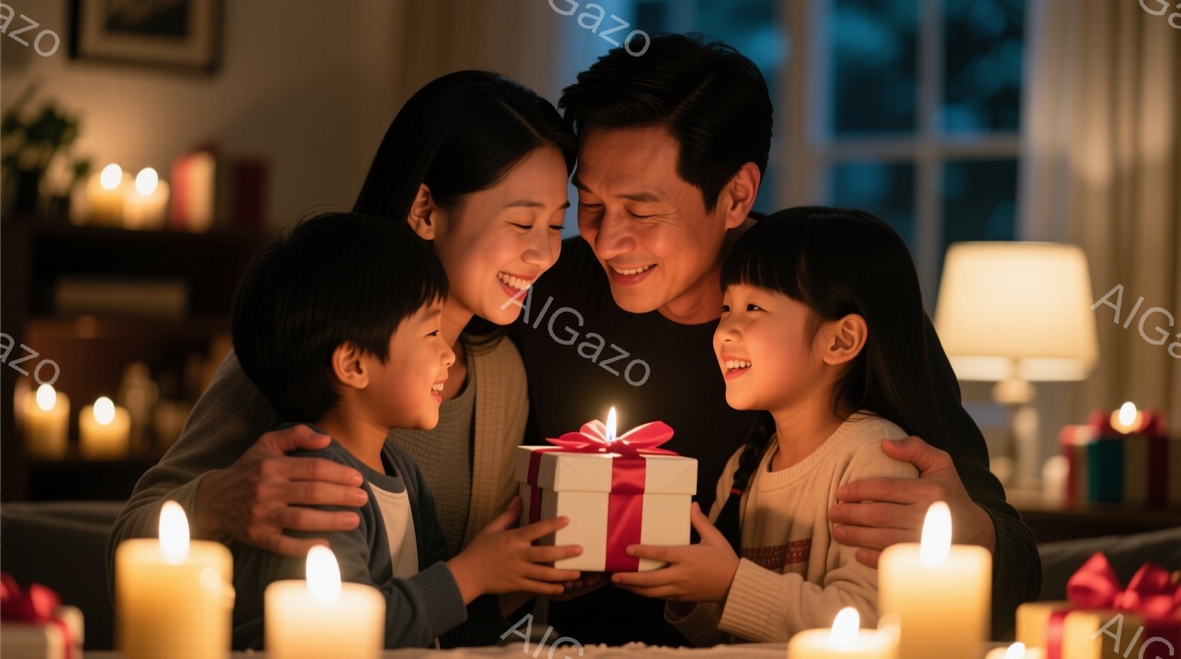 少年と少女が、赤いリボンが付いたプレゼントを抱きしめながら微笑んでいます。彼らは両親に抱きしめられており、全員が幸せそうにしています。背景にはぼやけた室内、キャンドル、そして贈り物が散らばっており、暖 - AI生成フリー素材