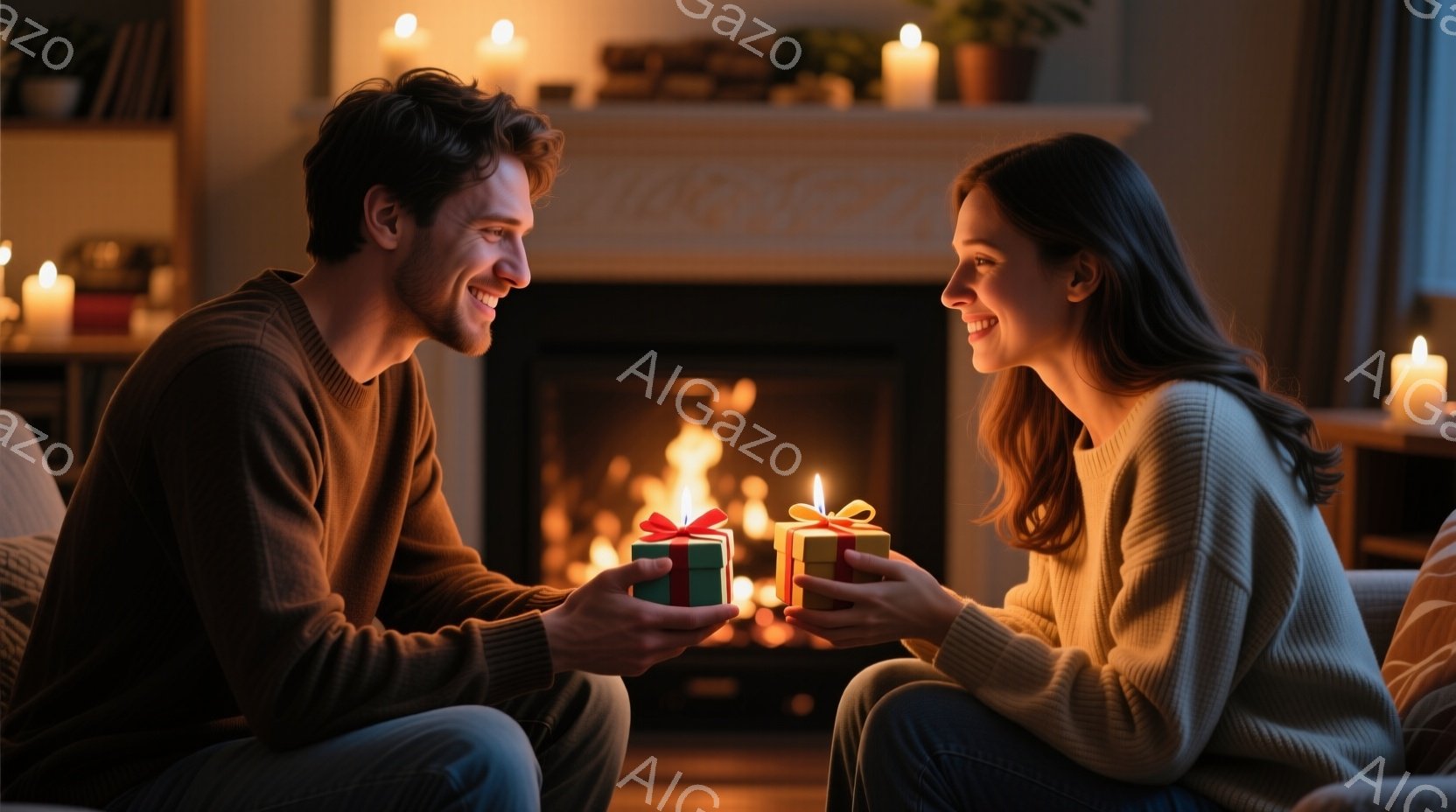 暖炉の前で、一対のカップルがお互いに小さなプレゼントを差し出している様子が描かれています。男性は紺色のセーターを着ており、女性はベージュのセーターを着ています。両者とも笑顔で、暖かく、親密な雰囲気が漂 - AI生成フリー素材