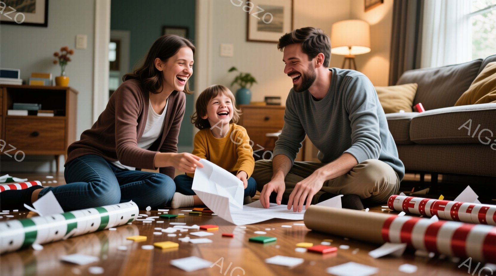 暖炉のあるリビングルームで、母親、父親、子供の３人が床に座り、プレゼントのラッピングを開けています。母親は茶色の髪を後ろにまとめ、白いシャツとジーンズ姿で、満面の笑みを浮かべています。父親も笑顔で、グ - AI生成フリー素材
