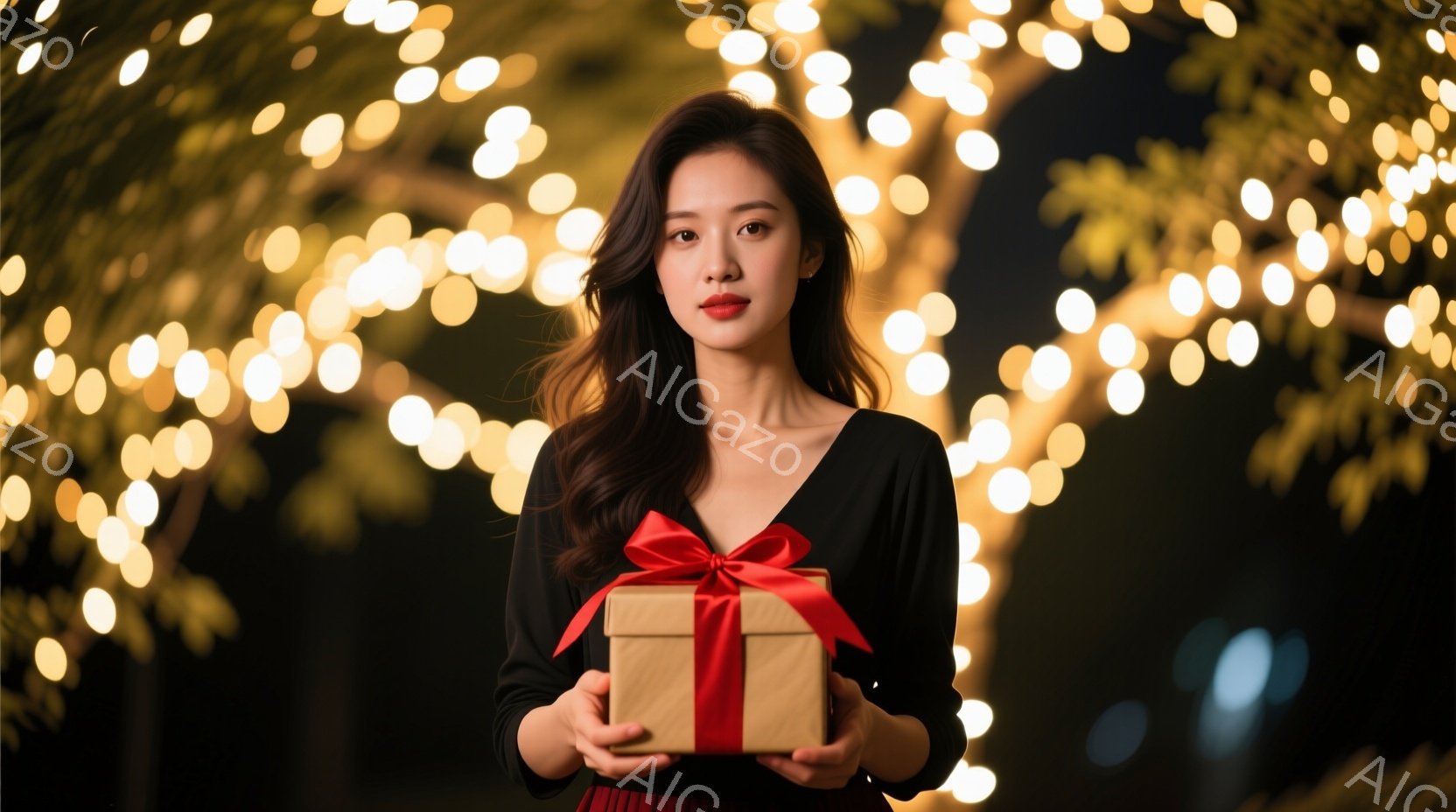 長い黒髪を肩にかける女性が、両手でギフトボックスを抱えています。彼女は黒いドレスを着ており、赤いリボンがアクセントになっています。背景はぼやけた光の点々で、ロマンチックで祝祭的な雰囲気を作り出しています。