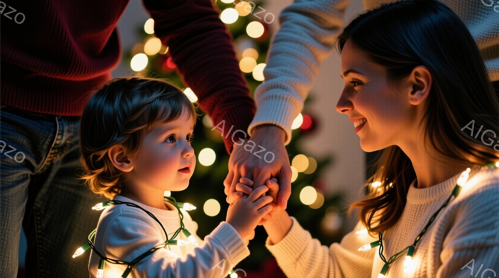 幼い子供と大人が手をつないでいます。子供は白い服を着ており、髪は少しカールしています。背景にはクリスマスツリーの飾り付けがぼやけて見え、温かく、幸せな雰囲気が漂っています。