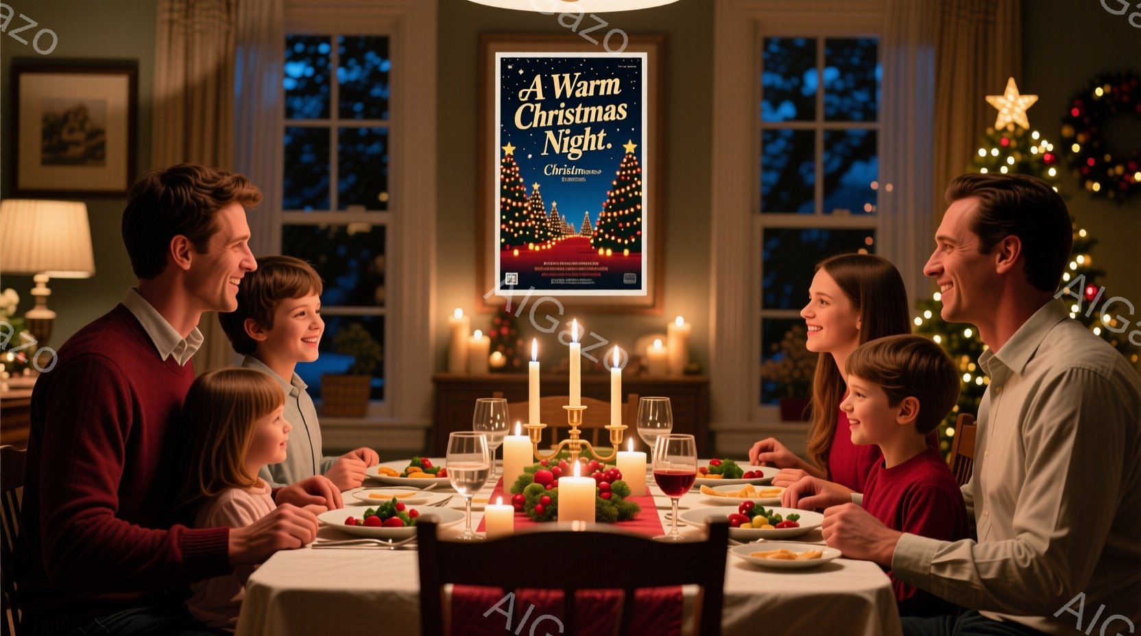 暖炉のあるダイニングルームで、家族がクリスマスディナーを楽しんでいる様子が描かれています。父親は白いシャツを着て、母親は赤いセーターを着ており、子供たちはそれぞれ赤い服を着ています。皆笑顔で、テーブル - AI生成フリー素材
