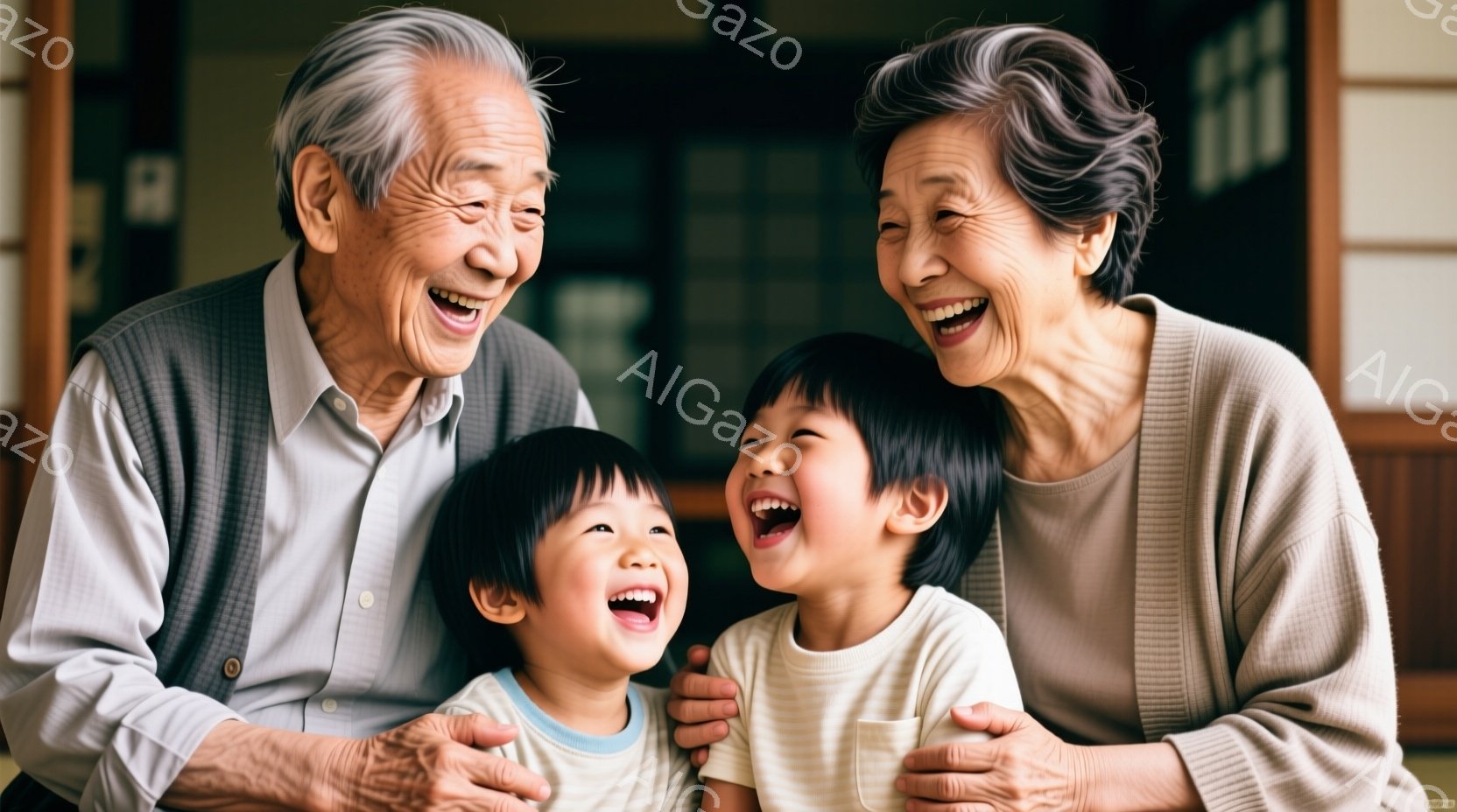 笑顔が溢れる家族のポートレートです。高齢の祖父母と、それぞれ幼い二人の孫が寄り添い、皆が口を開けて楽しそうに笑っています。背景は木製の壁で、温かく落ち着いた家庭的な雰囲気が漂っています。 - AI生成フリー素材