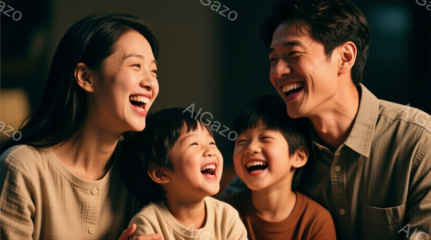 笑顔が輝く家族のポートレートです。母親はベージュのシャツを着ており、長い髪を後ろに流しています。二人の子供たちはそれぞれベージュとオレンジのシャツを着ており、父親は青いシャツを着ています。皆、顔を寄せ合い、満面の笑みを浮かべており、温かく幸せな雰囲気が伝わってきます。