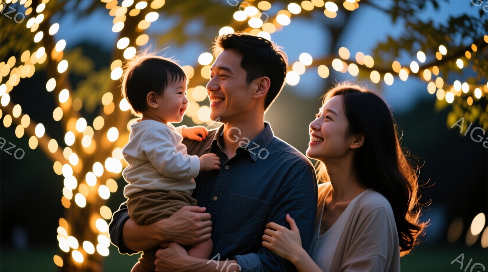 笑顔の家族が写っている。父親は濃い青色のシャツを着ており、母親は淡いベージュのシャツを着て、それぞれが微笑んでいる。背景には温かい光を放つ無数の電飾があり、穏やかで幸せな雰囲気を醸し出している。 - AI生成フリー素材