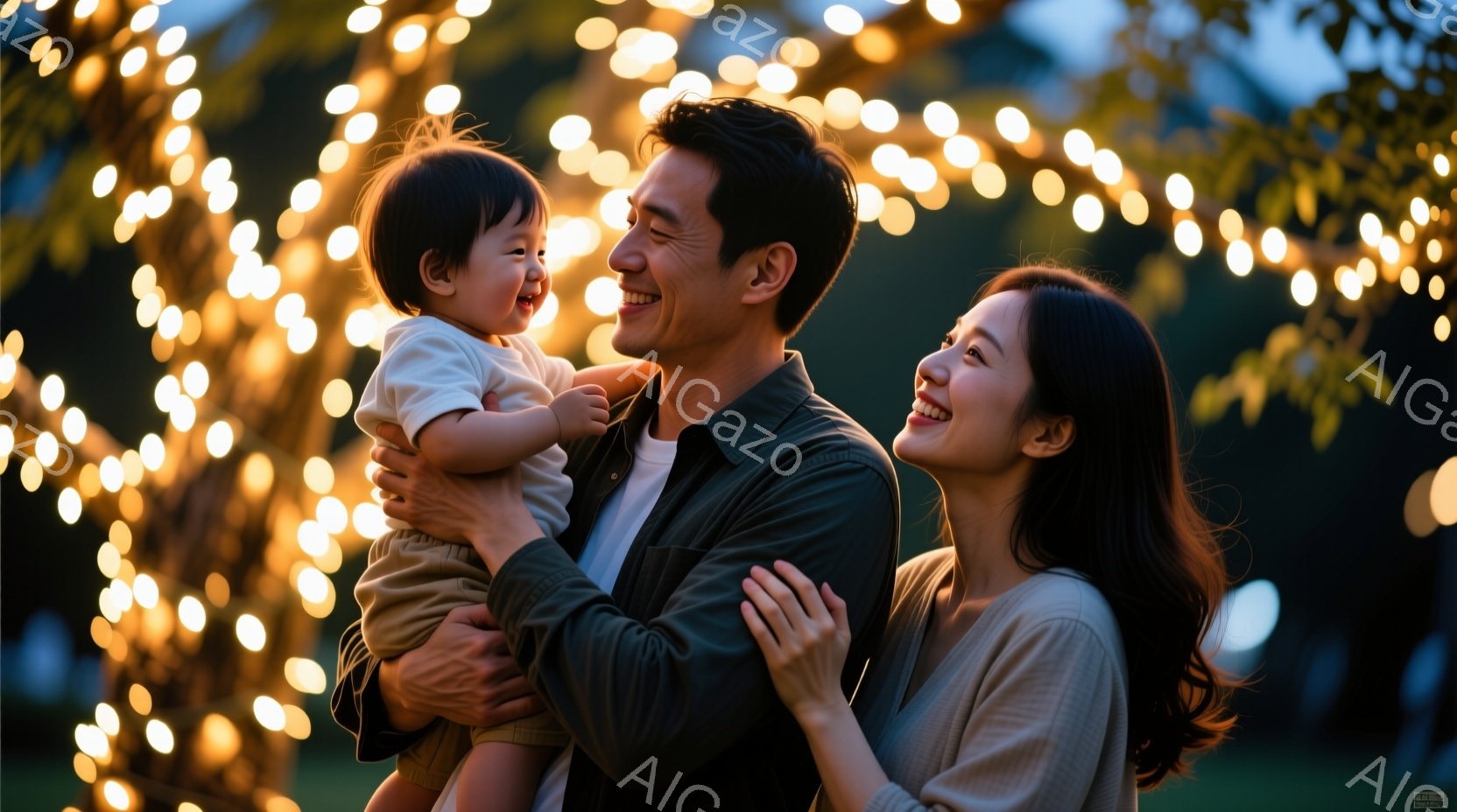 若い夫婦が幼い子供を抱きしめ、皆笑顔でカメラに向かっています。夫は黒いシャツを着ており、妻はベージュ色のトップスを着ています。背景にはぼやけた暖かい色の光が輝き、家族の幸せな雰囲気を高めています。 - AI生成フリー素材