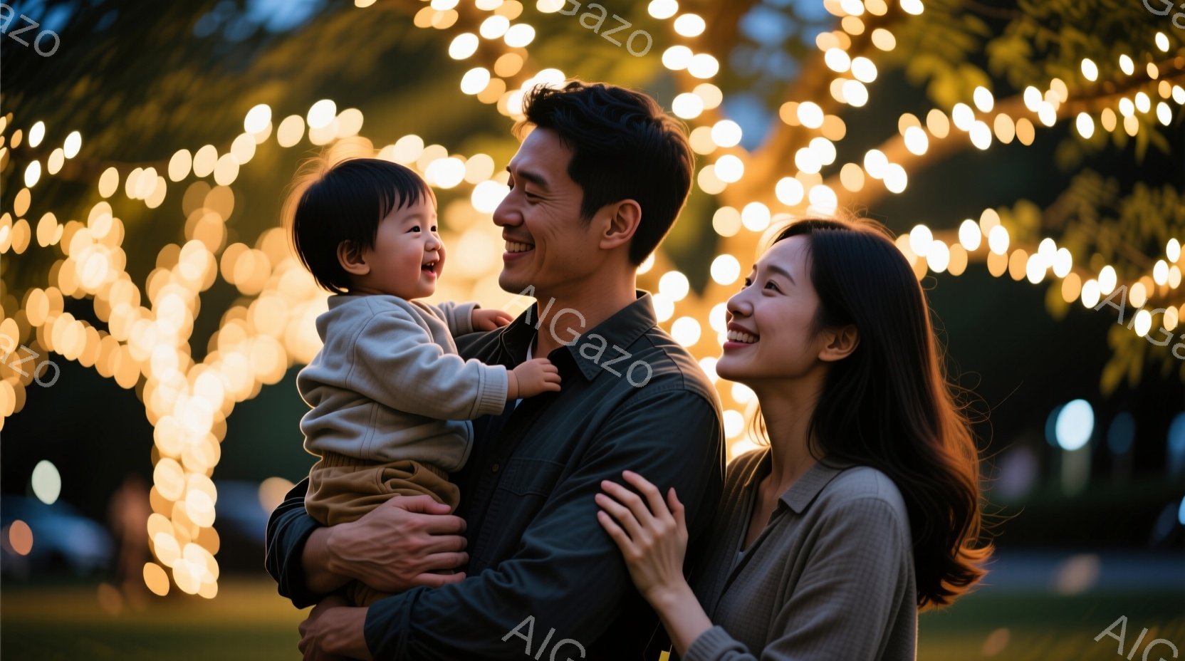 幼い子供を抱き上げた男性と、その隣に立つ女性が写っている。男性は黒いシャツを着ており、女性はベージュ色のセーターを着ている。背景には、ぼやけた光のイルミネーションがあり、温かく幸せな雰囲気を醸し出している。