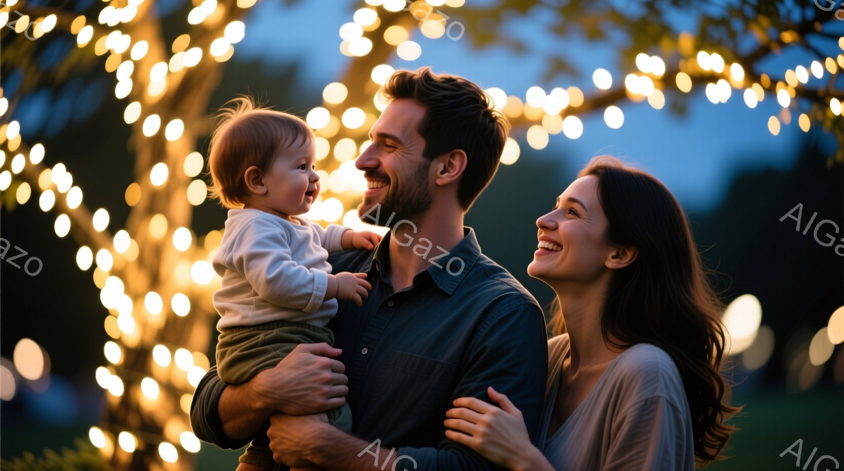 笑顔の若い夫婦が、幼い子供を抱きかかえて立っています。夫は濃い青色のシャツを着ており、妻は薄いグレーのシャツを着ています。背景には、暖かい光を放つ無数の電飾が枝に絡みつき、まるで星空のような幻想的な雰囲気を醸し出しています。