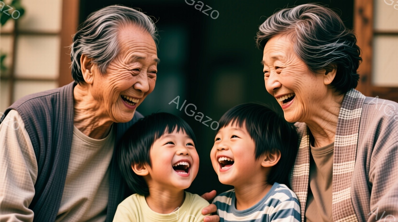 白髪の祖母と祖父が、それぞれ頬を赤らめ、満面の笑みを浮かべている。二人の間には、同じように笑顔で笑う二人の幼い子供たちが寄り添っている。背景には木製の建物が見え、全体的に温かく、幸せな雰囲気が漂ってい - AI生成フリー素材