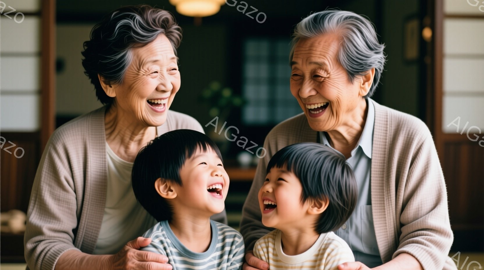 白髪の祖父母が、それぞれ縞模様の服を着た幼い孫たちを抱きしめて笑顔を見せています。祖父母は薄いベージュのカーディガンを着ており、孫たちは明るい表情で、喜びにあふれています。背景は木製の壁で、暖かく穏やかな家庭的な雰囲気が漂っています。