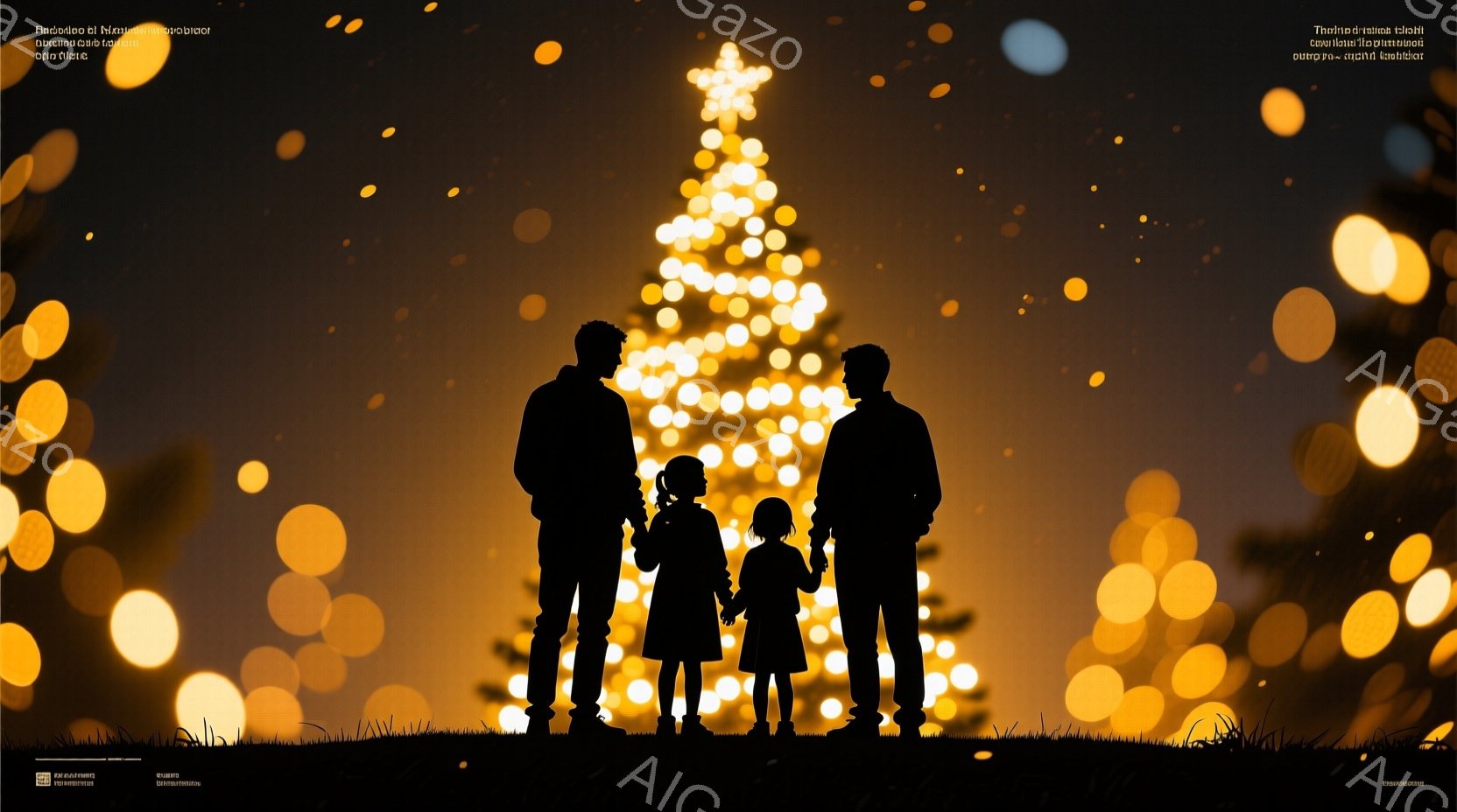 シルエットで描かれた家族が、光り輝くクリスマスツリーを前に立っている。両親と二人の子供たちは、肩を並べてツリーを見上げている様子で、暖かく穏やかな雰囲気が漂っている。背景は暗く、草が生い茂っており、ツリーと家族が際立って見える。