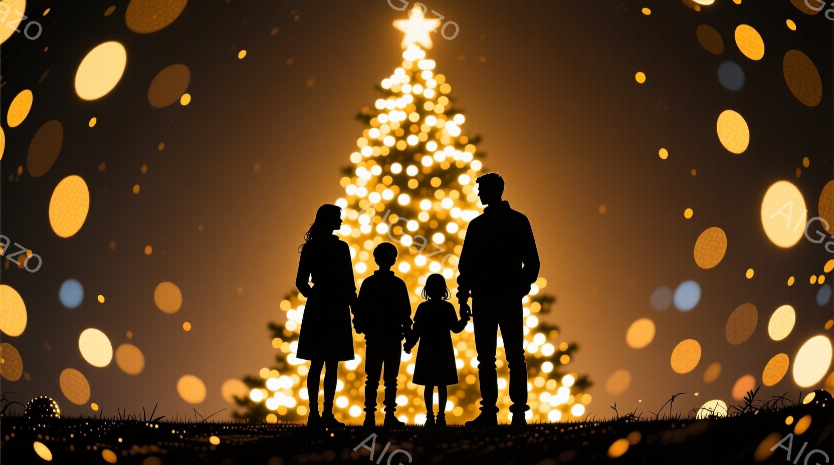 シルエットになった家族が、きらめくクリスマスツリーを背景に立っている。母親はロングドレス、父親はジャケットとズボン、子供たちはそれぞれドレスとズボンを着用しており、全員が正面を向いている。背景にはぼんやりとした光の粒が散りばめられ、暖かく幻想的な雰囲気を醸し出している。