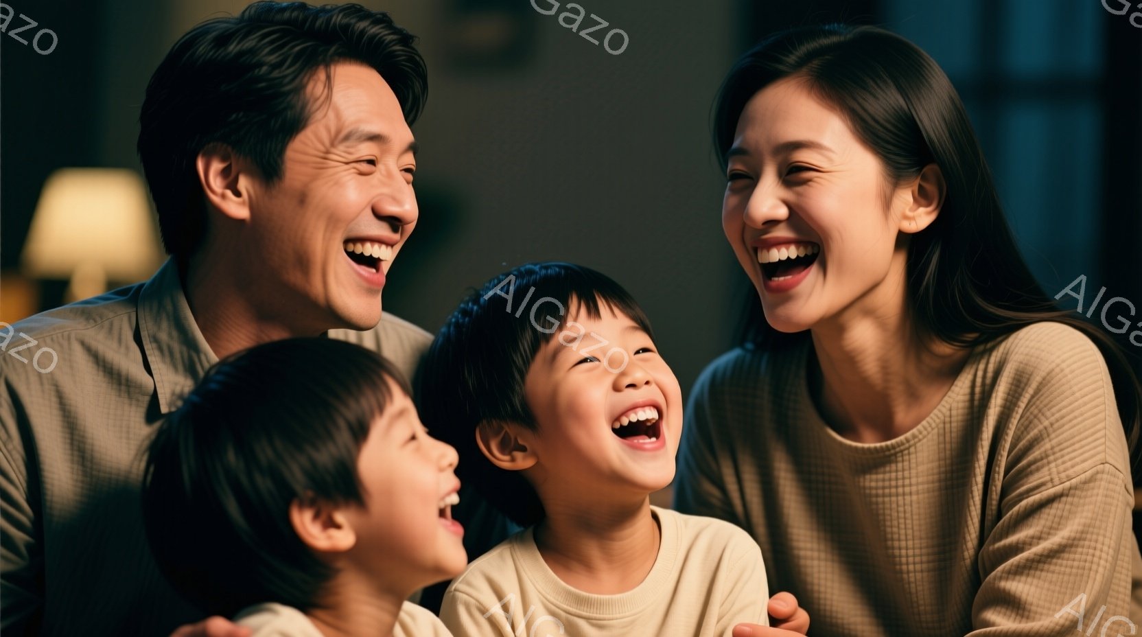 笑顔が輝く家族のポートレートです。両親は明るいベージュ色のトップスを着ており、髪はそれぞれ短く整えられています。二人の子供は同じく明るい色の服を着ており、全員が大きく笑っており、幸せな雰囲気を醸し出しています。