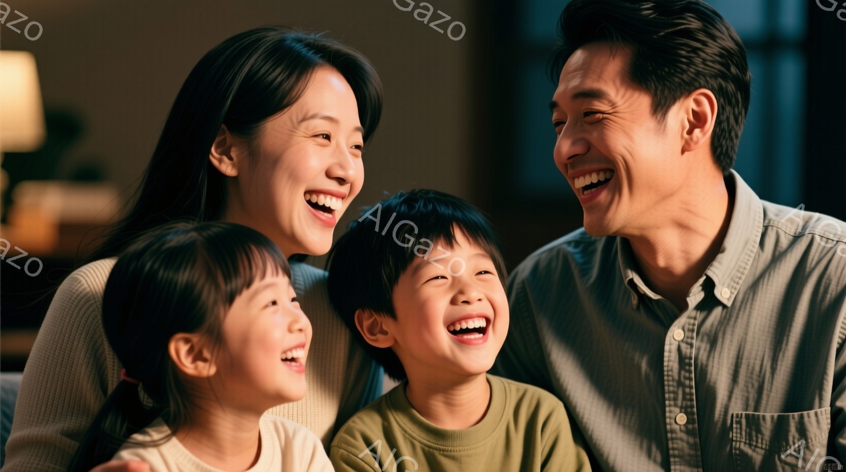 笑顔が輝く家族が写っている。母親は黒髪で、カジュアルなトップスを着ており、娘は明るい色の服に髪をリボンで結んでいる。父親と息子はそれぞれ、シャツと緑色のトップスを着て、同じように満面の笑みを浮かべ、幸 - AI生成フリー素材