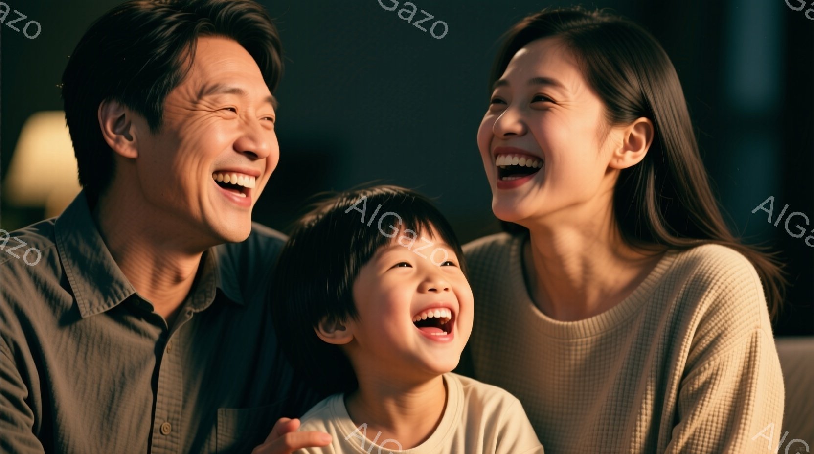 笑顔の家族が写っている。父親は水色のシャツを着ており、母親はベージュのセーターを着ている。幼い子供は白いシャツを着ており、全員が満面の笑みを浮かべ、幸せな雰囲気が漂っている。