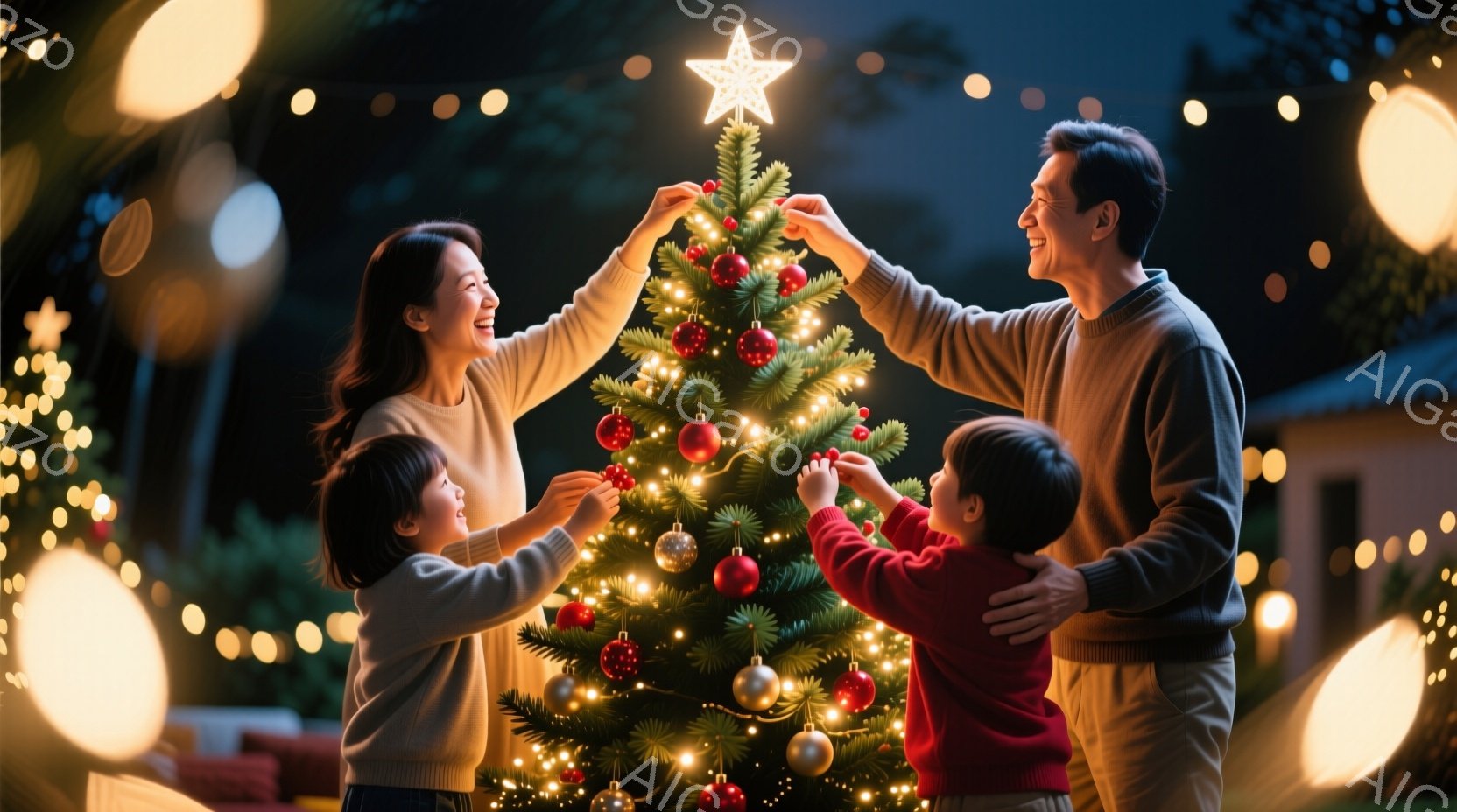 クリスマスツリーの飾り付けをする家族が写っています。母親は長い髪を後ろでまとめ、笑顔で星型のオーナメントをツリーの頂上に飾っています。父親と息子はそれぞれセーターを着ており、父親は息子を抱き上げながらツリーの飾り付けを手伝っています。