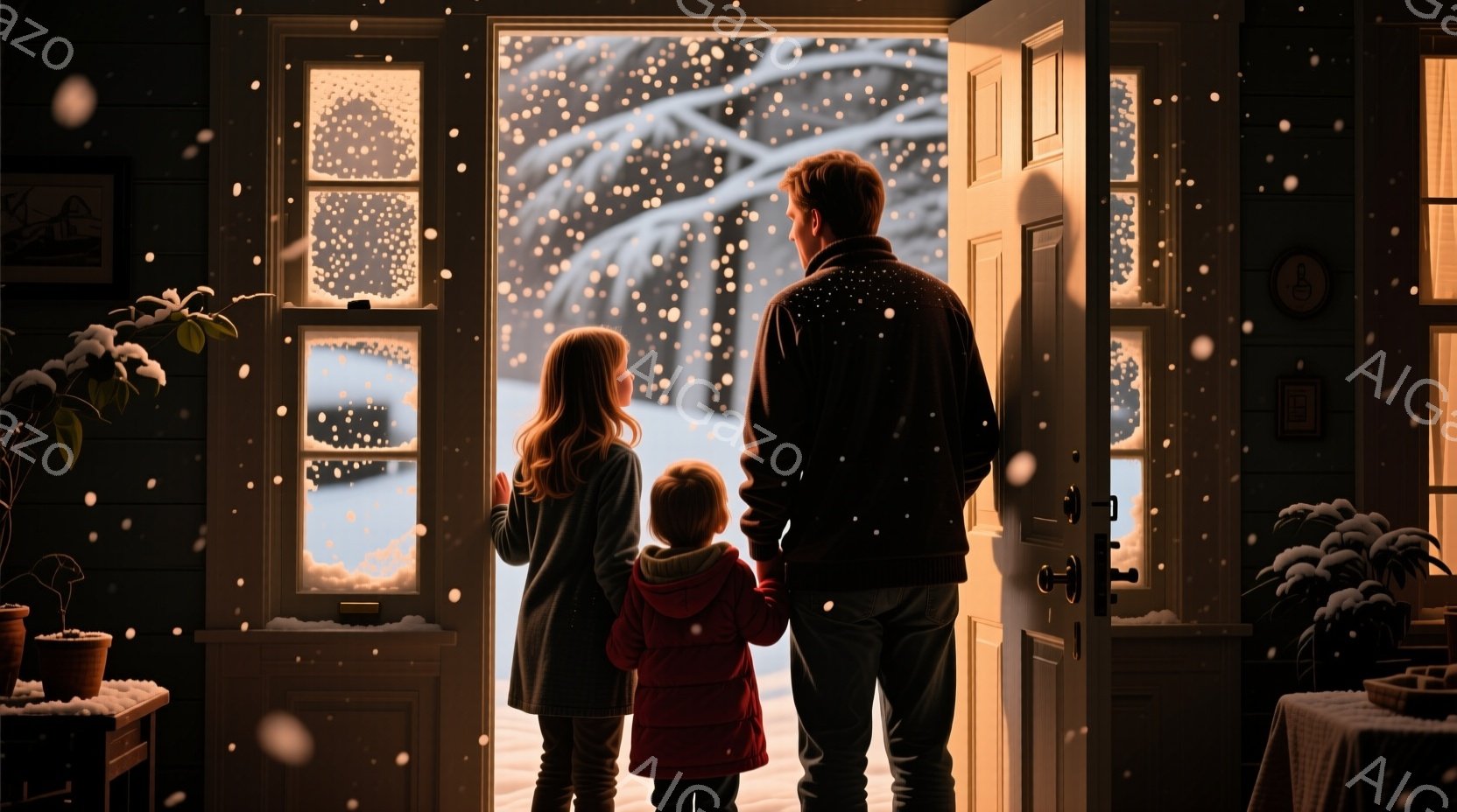 雪が降る外を、二人の少女と一人の大人が見ている場面だ。少女たちは赤いジャケットを着ており、後ろから見ると長い髪が見える。室内は暖かく、窓の外は雪景色で、冬の静かで穏やかな雰囲気が漂っている。 - AI生成フリー素材