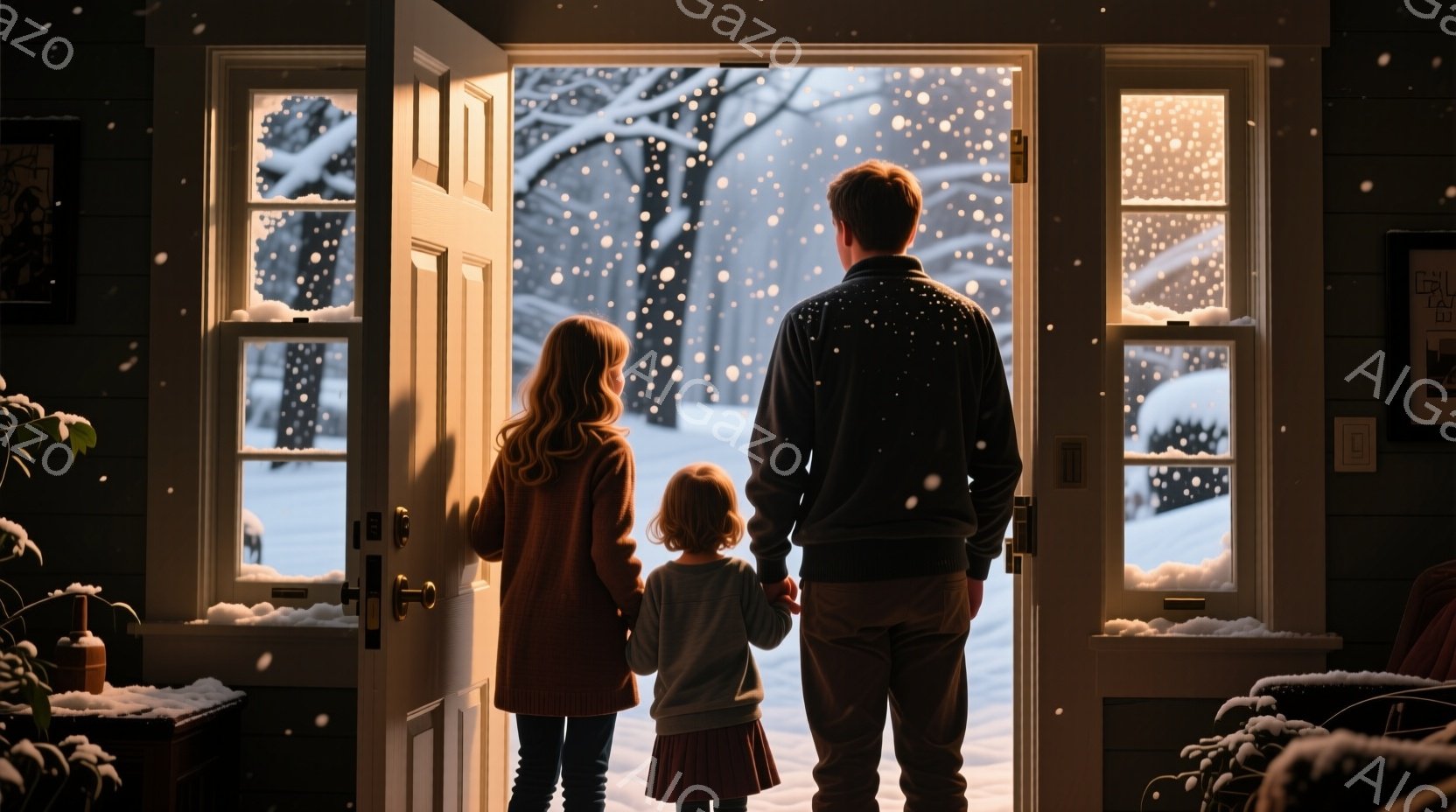 長い茶色の髪の少女と、より小さな女の子が、開いたドアから雪景色を眺めている。後ろには、グレーのセーターを着た大人が立っており、３人は手をつないでいる。背景には雪に覆われた森林が広がり、強い雪が降っている様子がうかがえる。