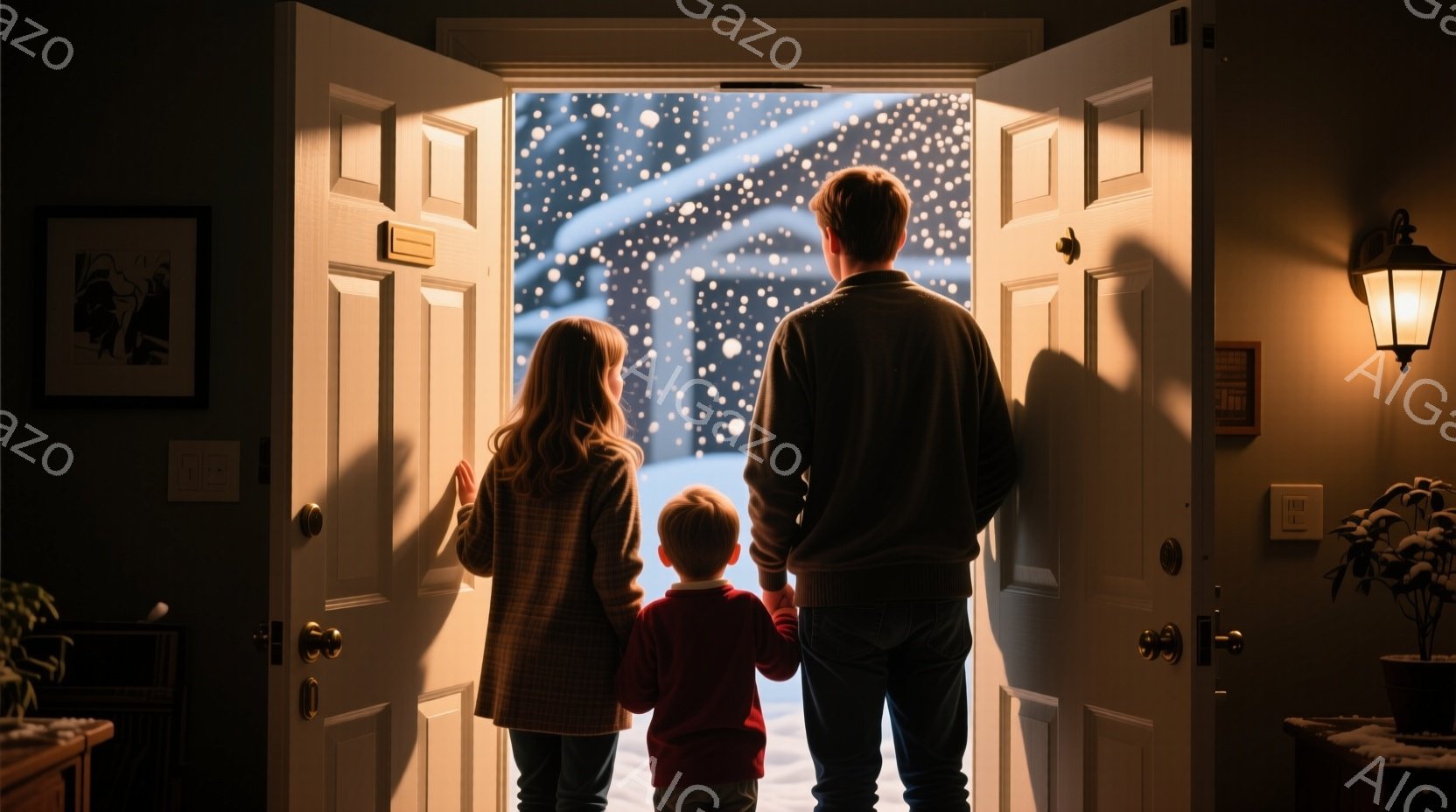暖炉の光が差し込む玄関で、少女と少年が父親と一緒に外を見ている様子が描かれています。少女はベージュ色のコートを着ており、少年は赤いセーターを着ています。外は雪が降り積もり、白い景色が広がっており、温かく家族的な雰囲気が漂っています。